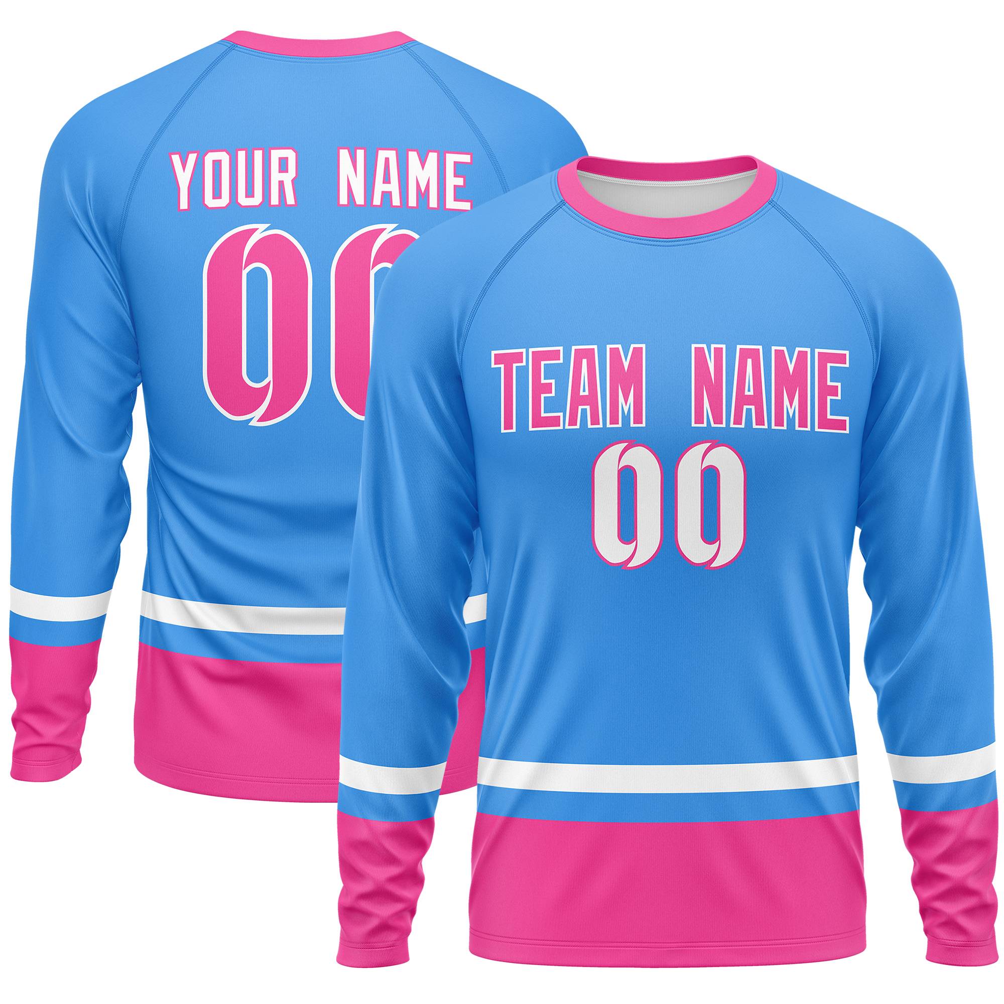 Custom Powder Blue White-Pink Color Block Design Long Sleeve Performance T-Shirt