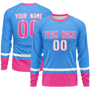 Custom Powder Blue White-Pink Color Block Design Long Sleeve Performance T-Shirt