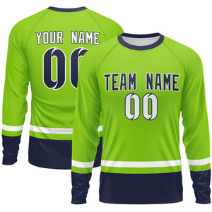 Custom Neon Green White-Navy Color Block Design Long Sleeve Performance T-Shirt