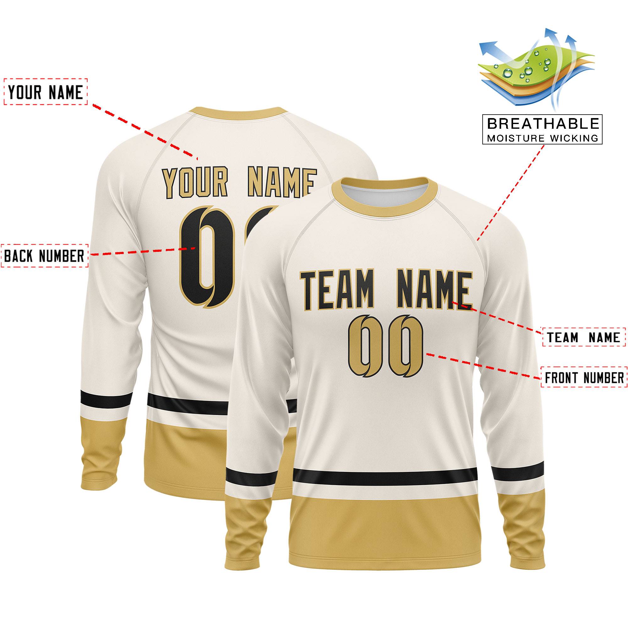 Custom Cream Black-Old Gold Color Block Design Long Sleeve Performance T-Shirt