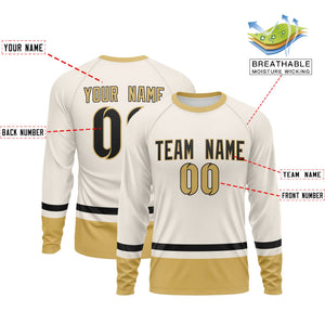 Custom Cream Black-Old Gold Color Block Design Long Sleeve Performance T-Shirt