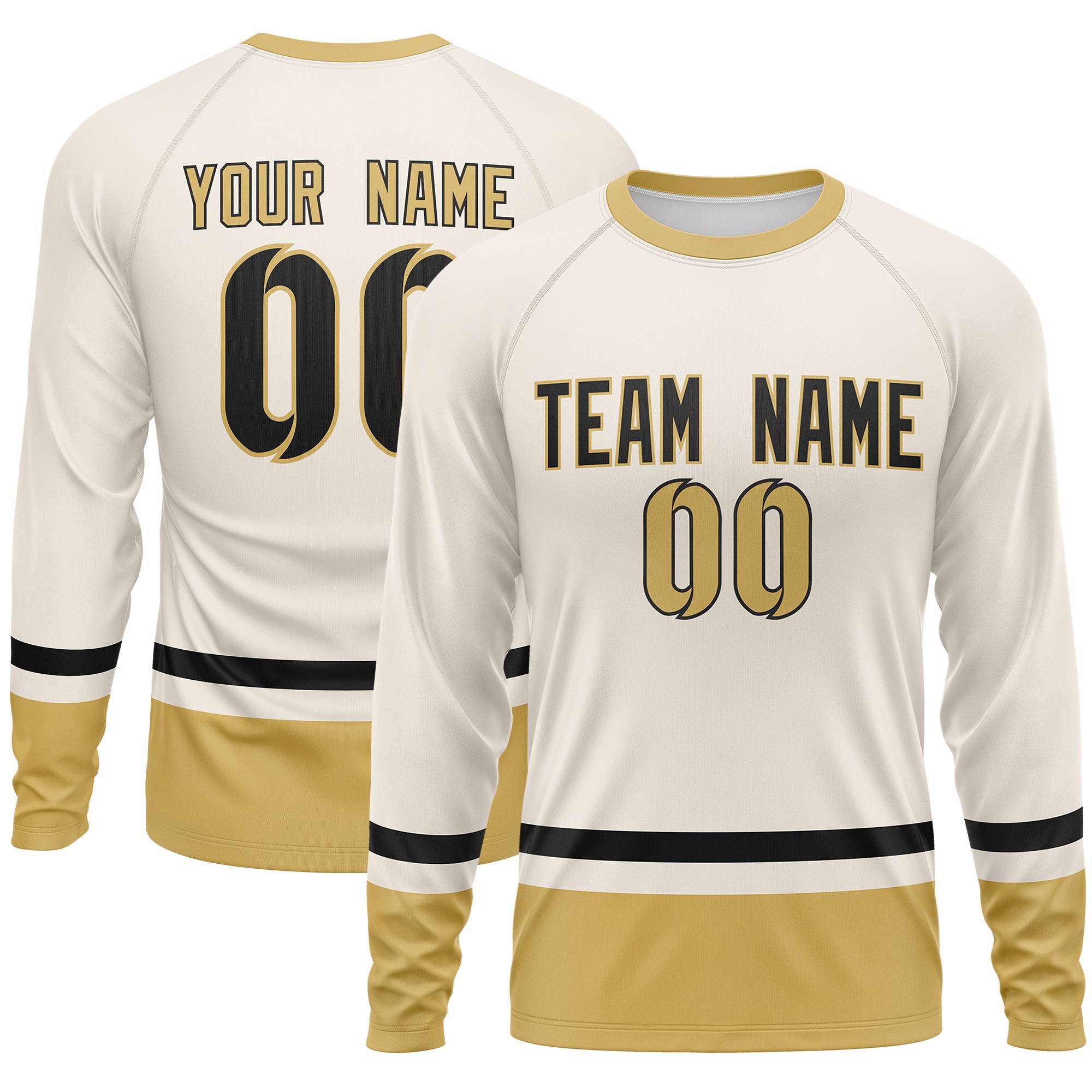 Custom Cream Black-Old Gold Color Block Design Long Sleeve Performance T-Shirt