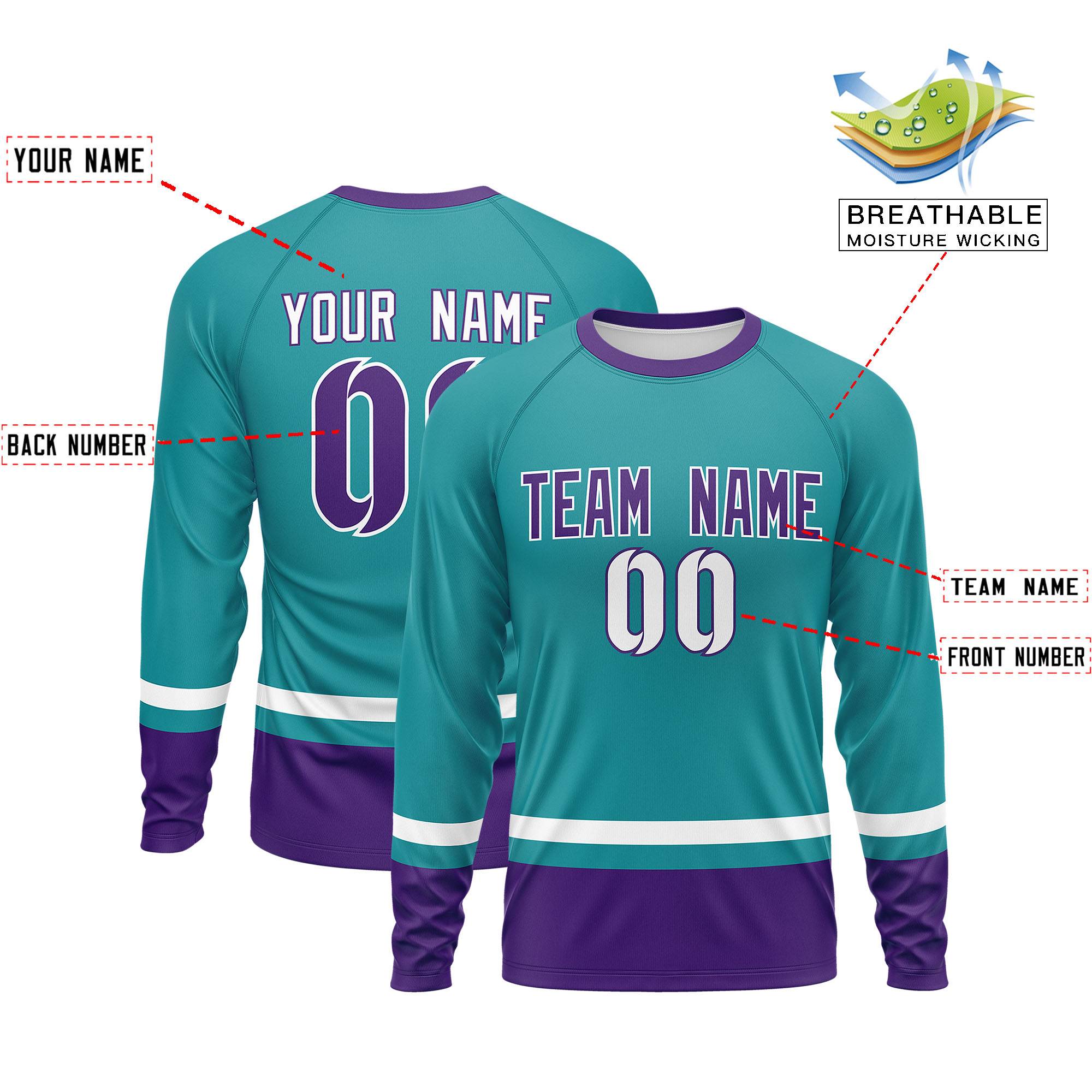 Custom Aqua White-Purple Color Block Design Long Sleeve Performance T-Shirt