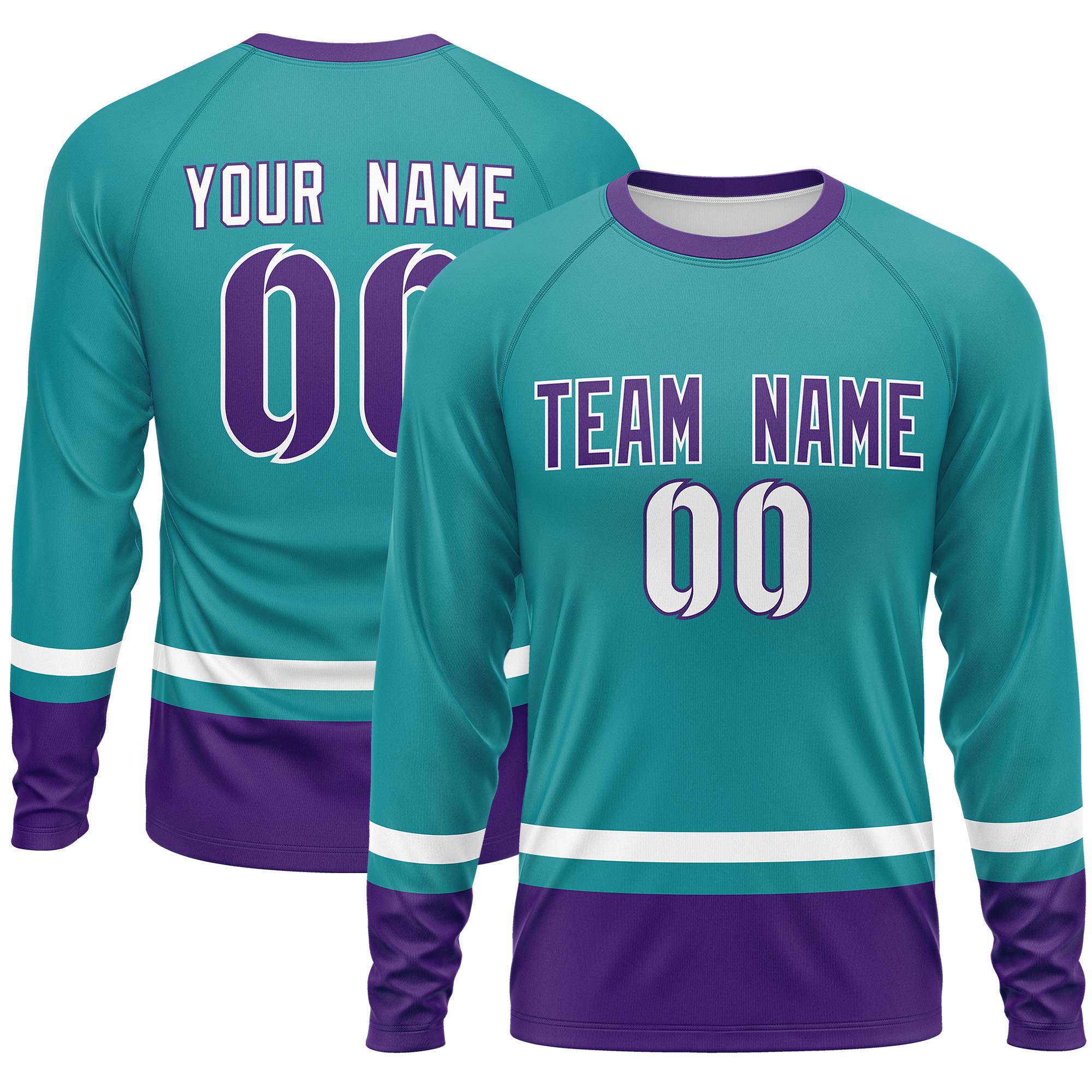 Custom Aqua White-Purple Color Block Design Long Sleeve Performance T-Shirt