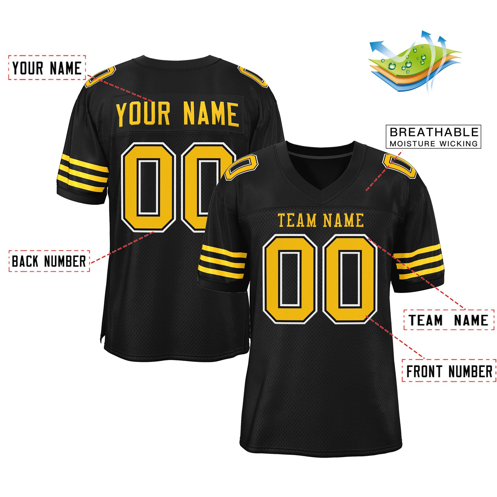 Custom Black Gold-Black Classic Style Mesh Authentic Football Jersey