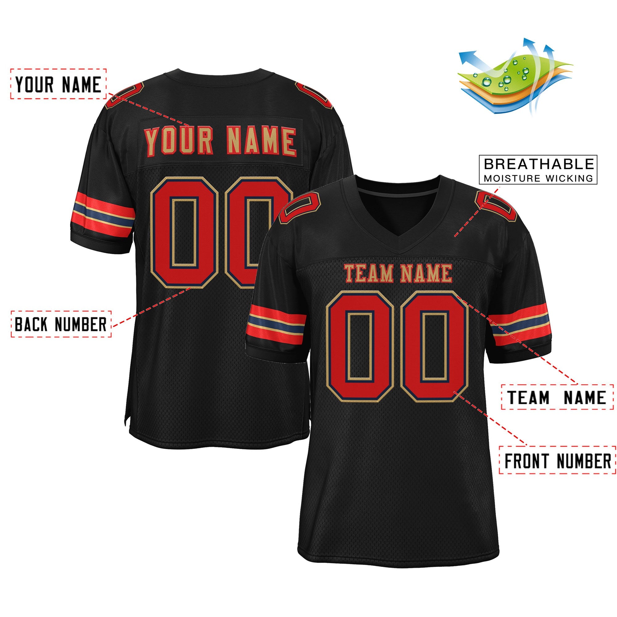 Custom Black Old Gold-Red Classic Style Mesh Authentic Football Jersey