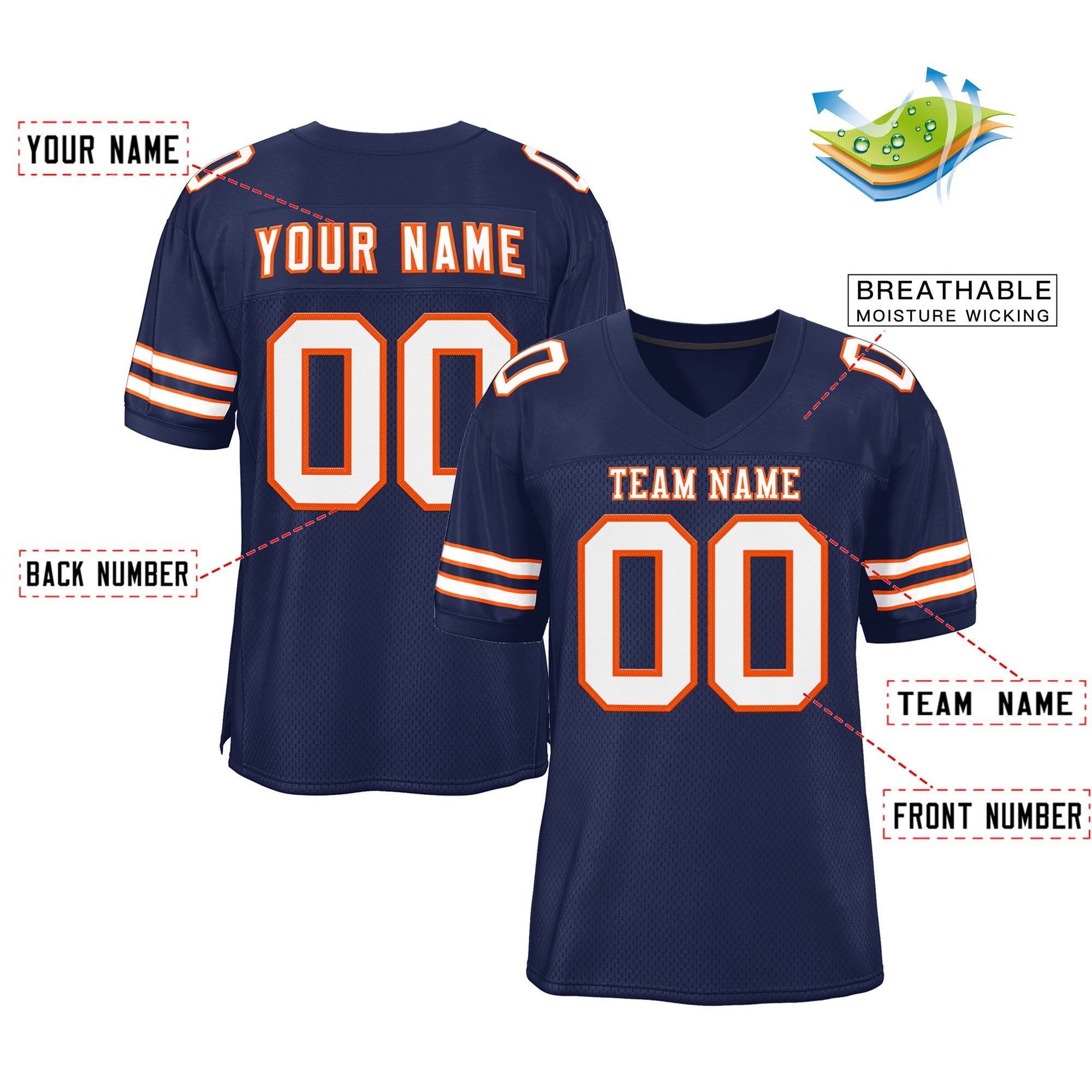 Custom Navy White-Orange Classic Style Mesh Authentic Football Jersey