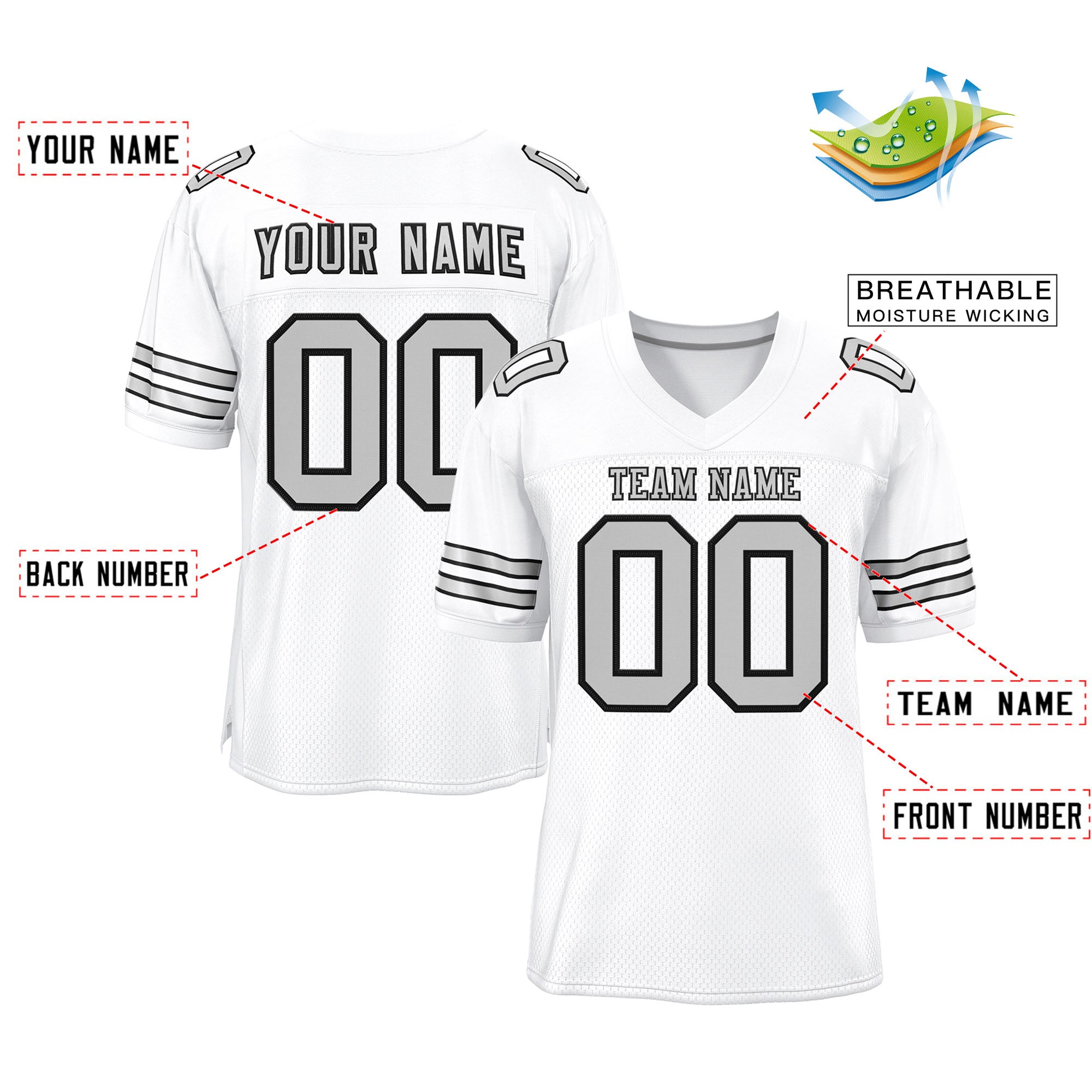 Custom White Gray-Black Classic Style Mesh Authentic Football Jersey