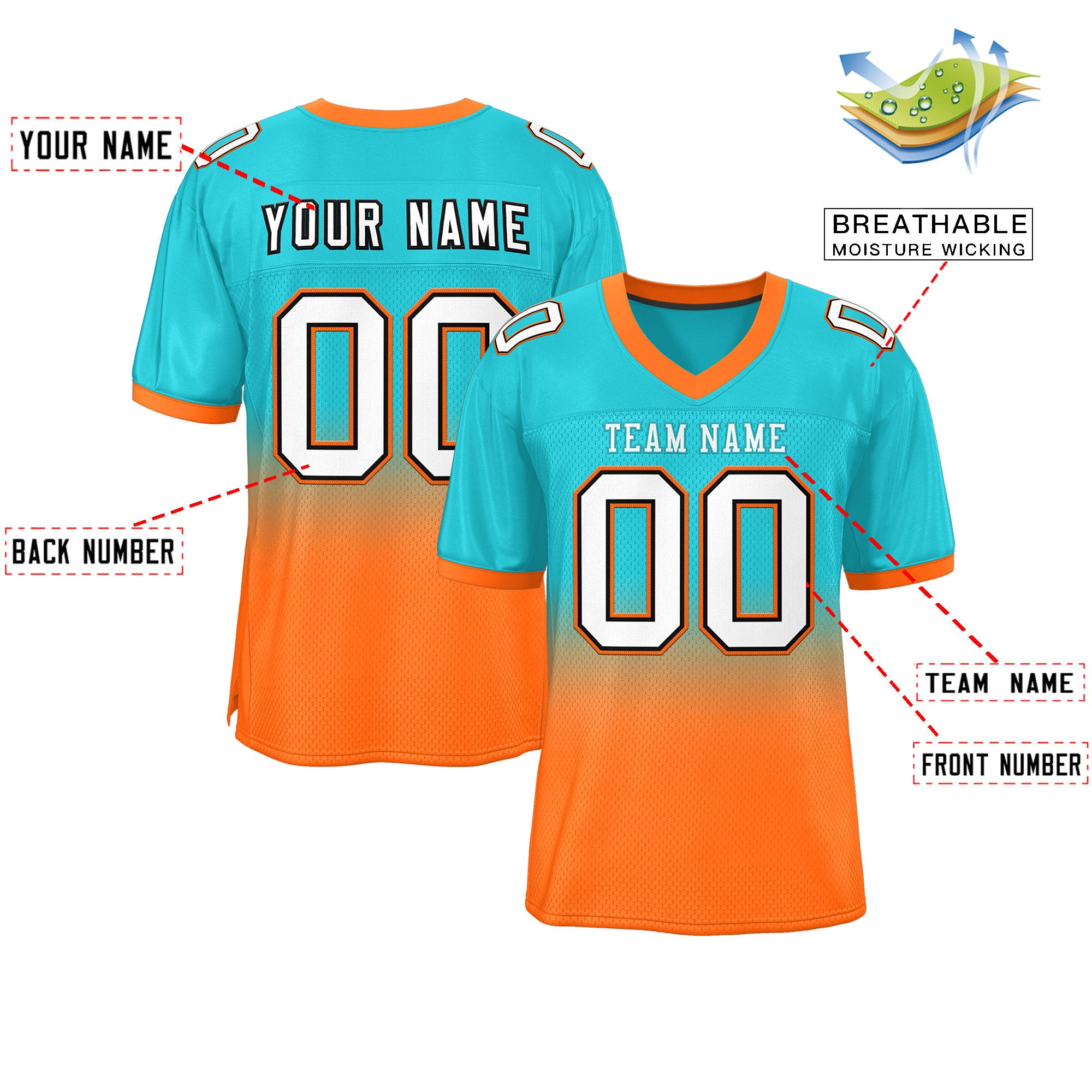 Custom Aqua Orange-White Gradient Fashion Outdoor Authentic Football Jersey