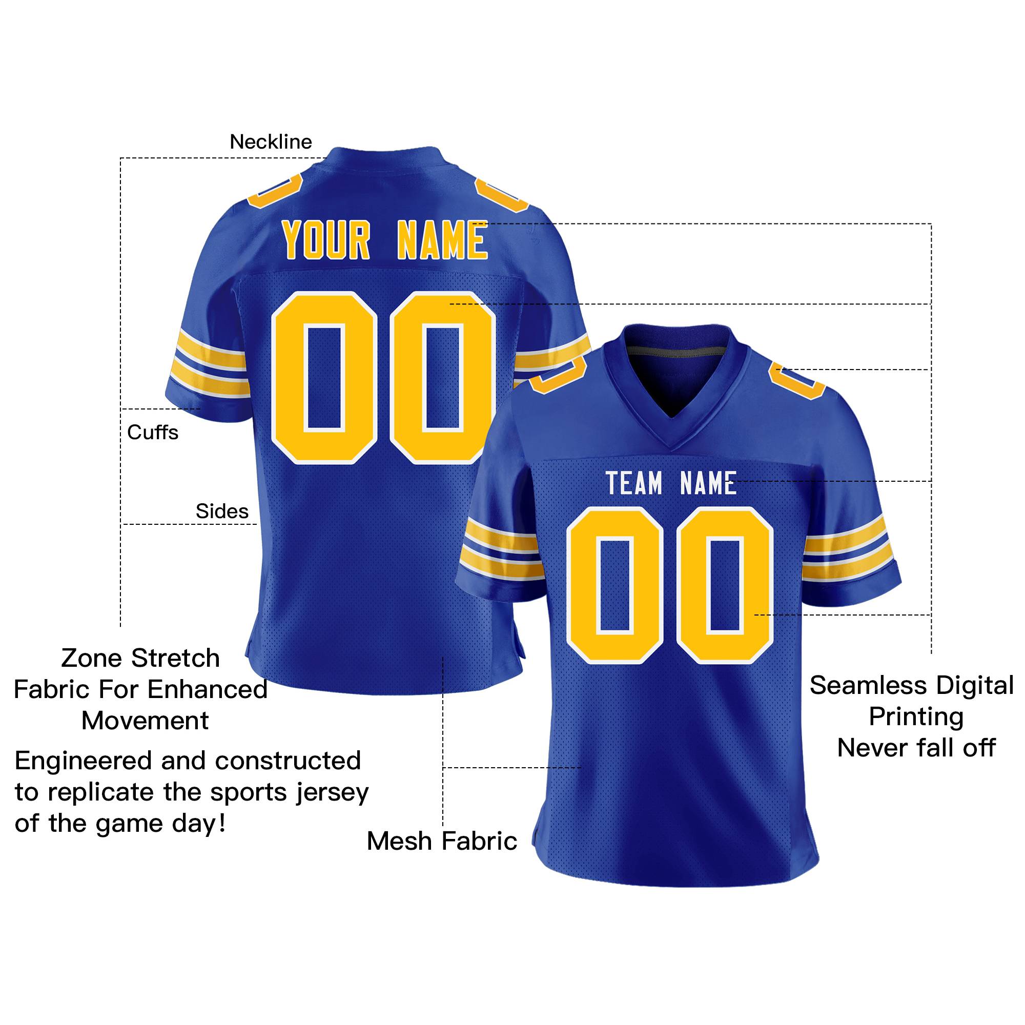 Custom Royal Gold-White Personalized Classic Mesh Authentic Football Jersey