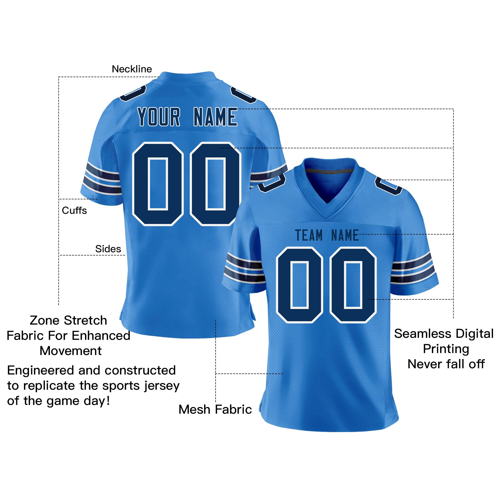 Custom Powder Blue Navy-White Personalized Classic Mesh Authentic Football Jersey