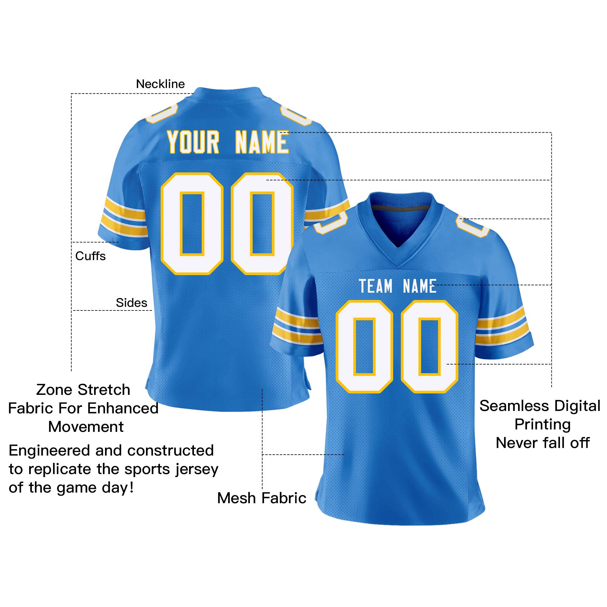 Custom Powder Blue White-Gold Personalized Classic Mesh Authentic Football Jersey