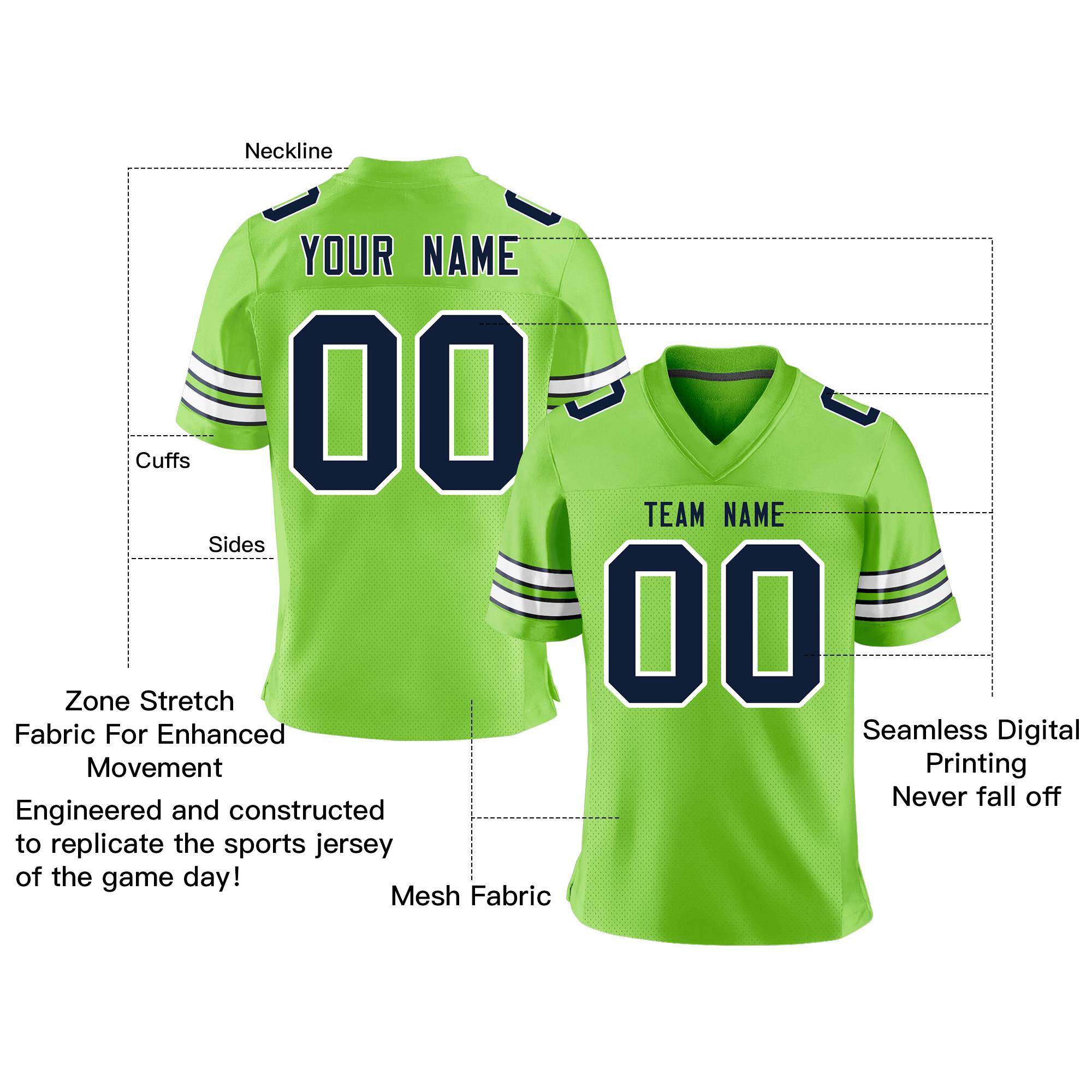 Custom Neon Green Navy-White Personalized Classic Mesh Authentic Football Jersey