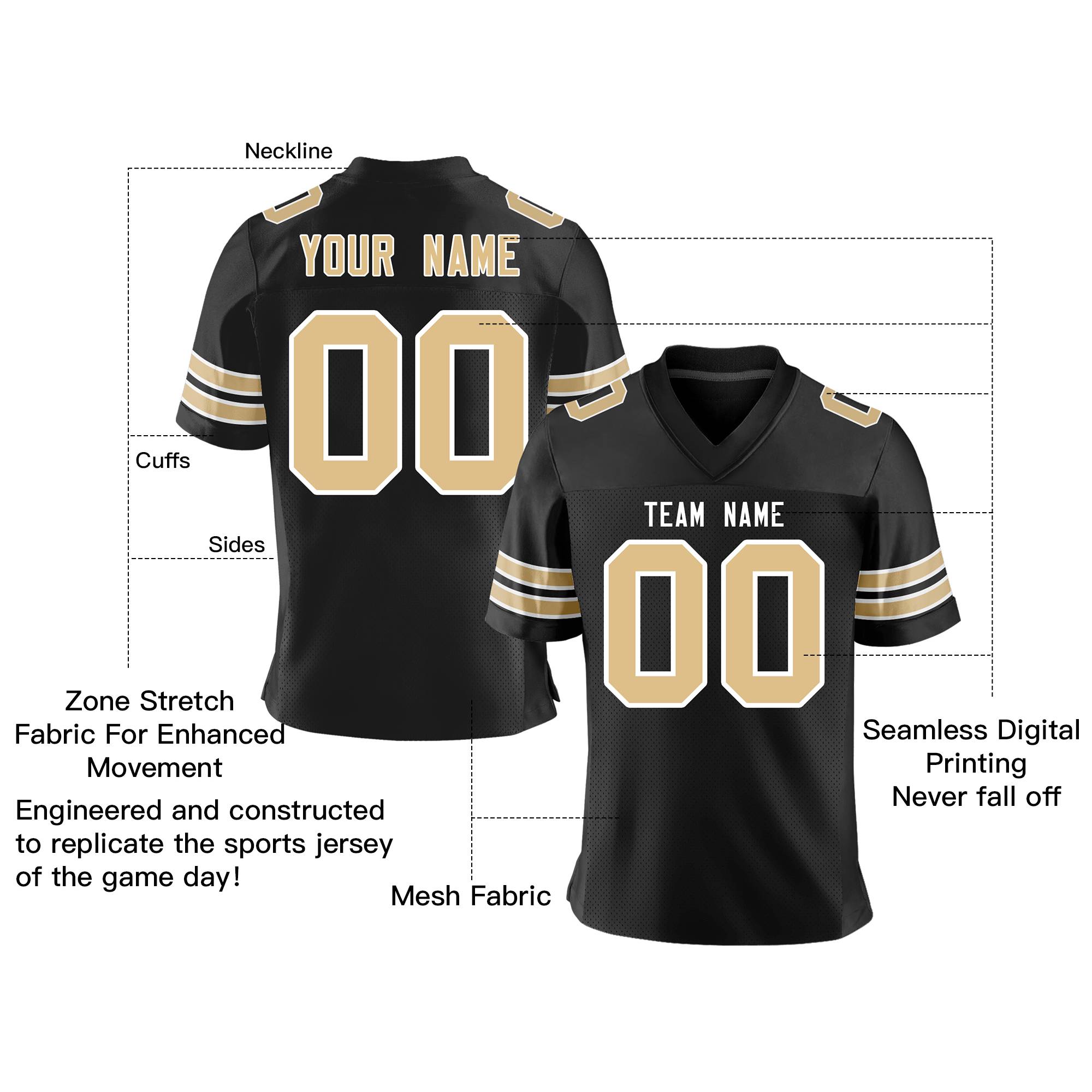 Custom Black Old Gold-White Personalized Classic Mesh Authentic Football Jersey