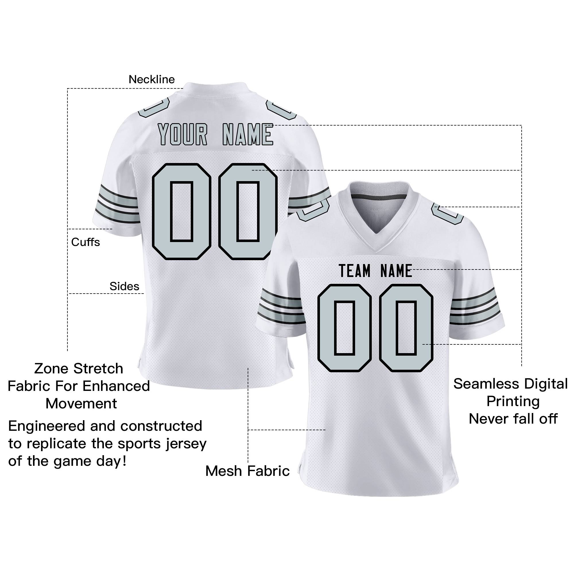 Custom White Silver-Black Personalized Classic Mesh Authentic Football Jersey