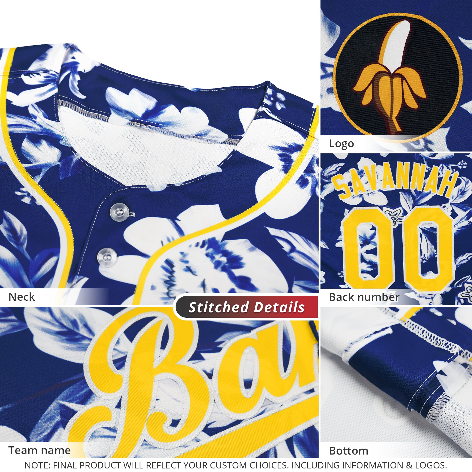 Custom Royal Gold-White Graffiti Pattern Authentic Flower Baseball Jersey