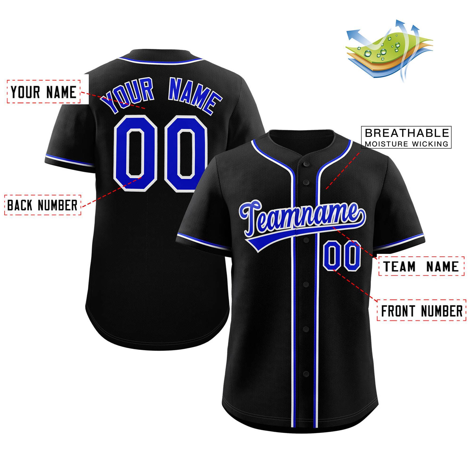 Maillot de baseball authentique de style classique noir royal-blanc personnalisé