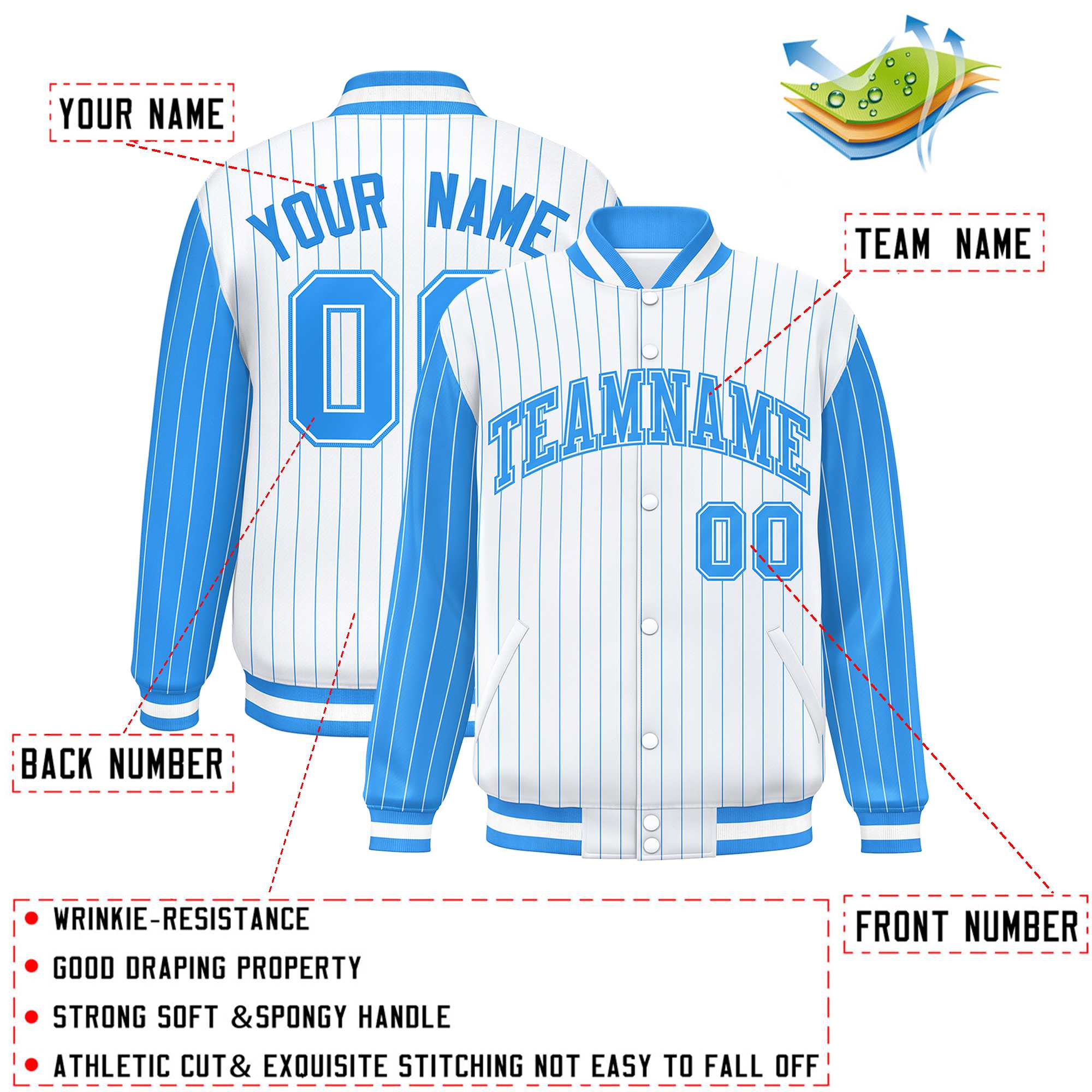 Custom White Powder Blue Raglan Sleeves Varsity Full-Snap Pinstripe Letterman Baseball Jacket