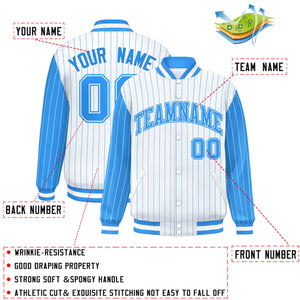 Custom White Powder Blue Raglan Sleeves Varsity Full-Snap Pinstripe Letterman Baseball Jacket