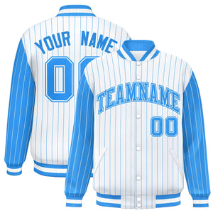 Custom White Powder Blue Raglan Sleeves Varsity Full-Snap Pinstripe Letterman Baseball Jacket