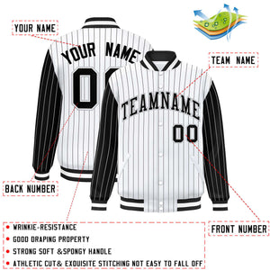 Custom White Black Raglan Sleeves Varsity Full-Snap Pinstripe Letterman Baseball Jacket