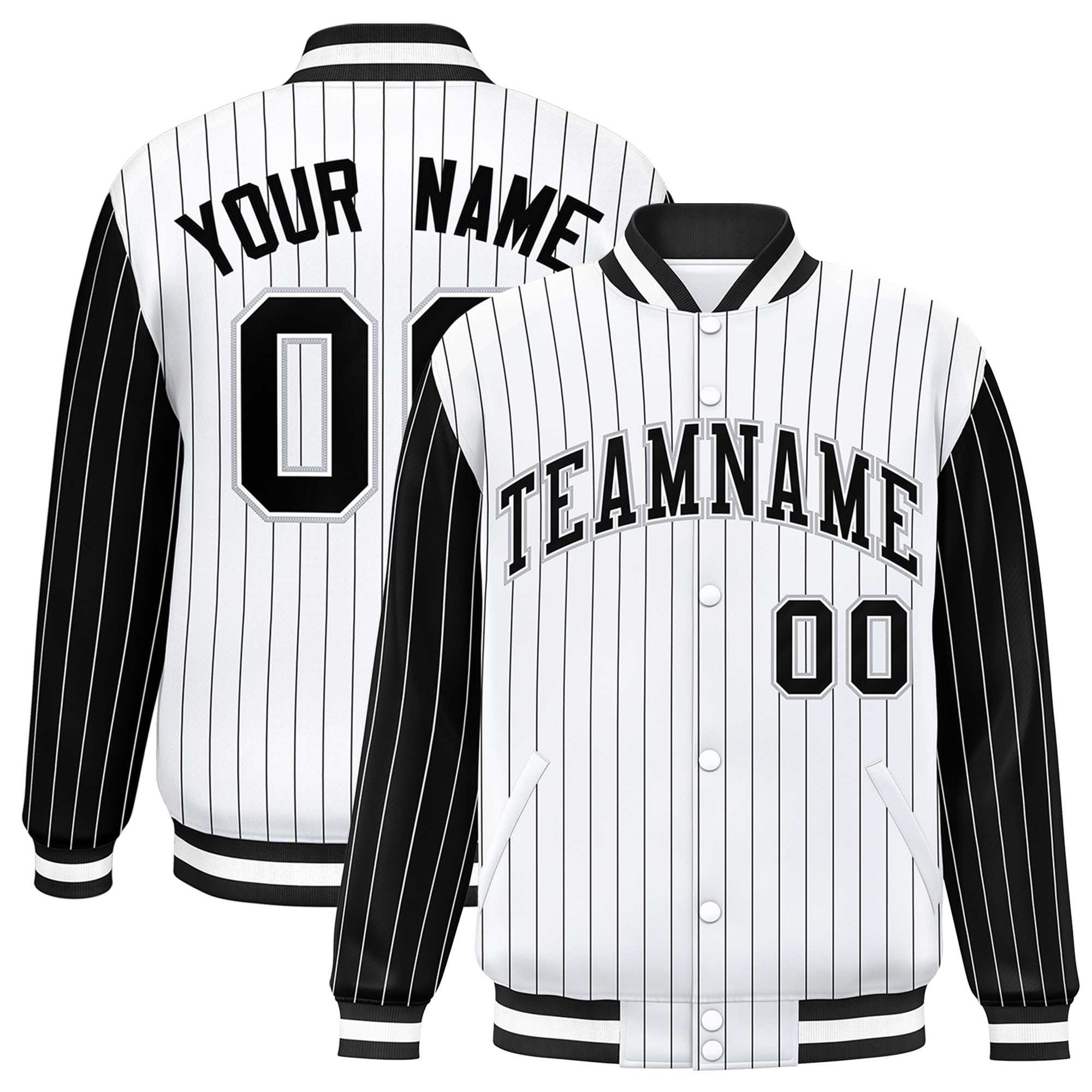 Custom White Black Raglan Sleeves Varsity Full-Snap Pinstripe Letterman Baseball Jacket