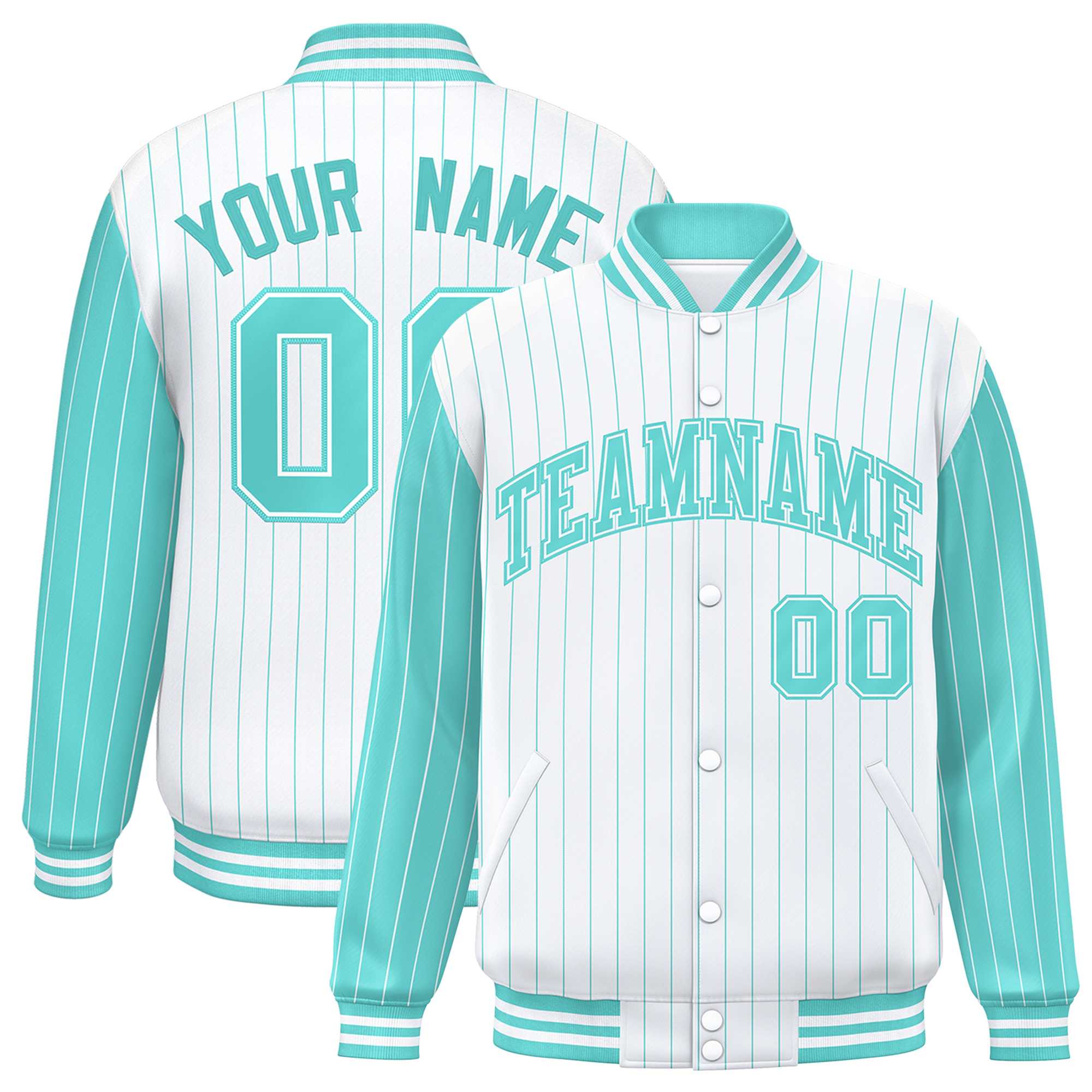 Custom White Bright Green Raglan Sleeves Varsity Full-Snap Pinstripe Letterman Baseball Jacket