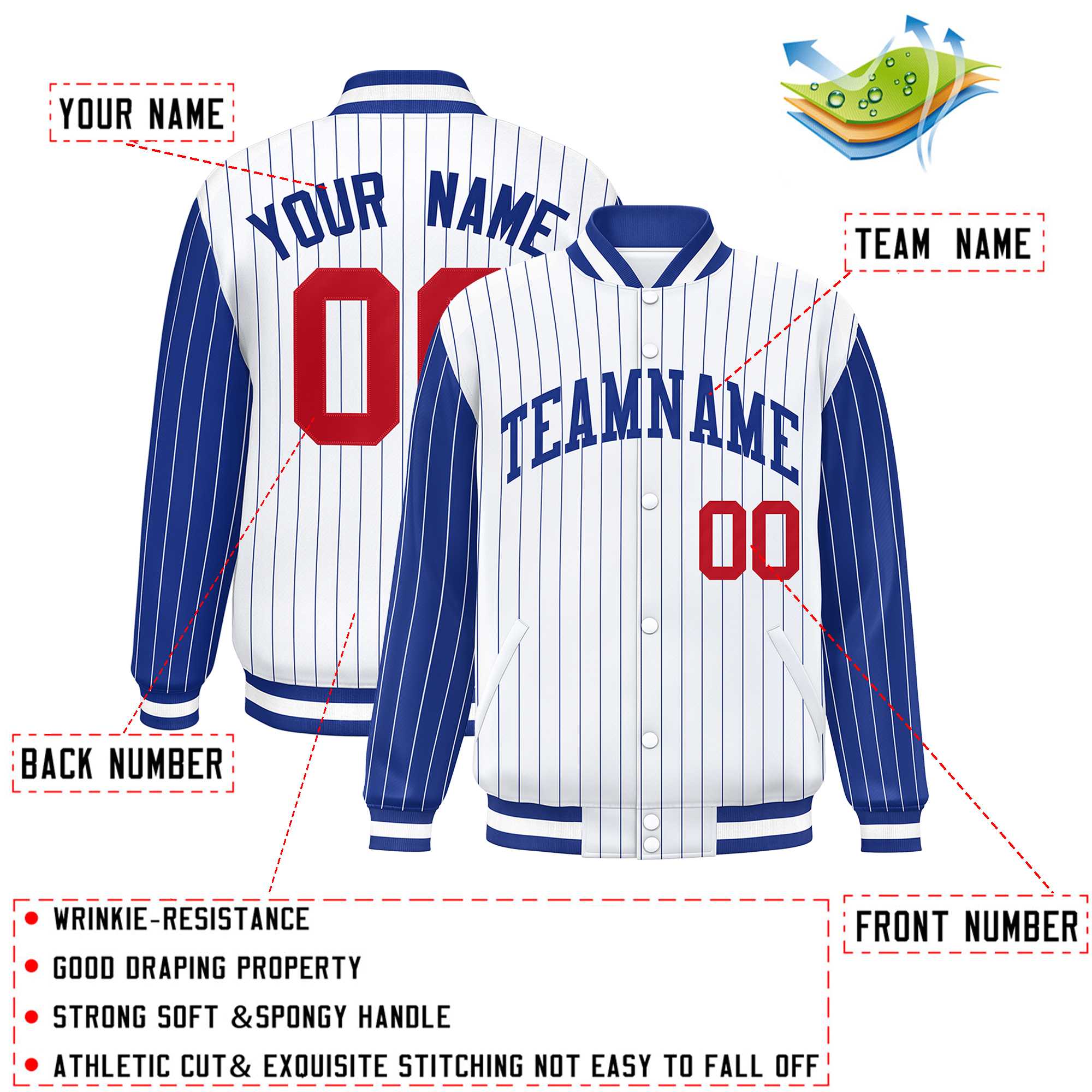 Custom White Royal Raglan Sleeves Varsity Full-Snap Pinstripe Letterman Baseball Jacket