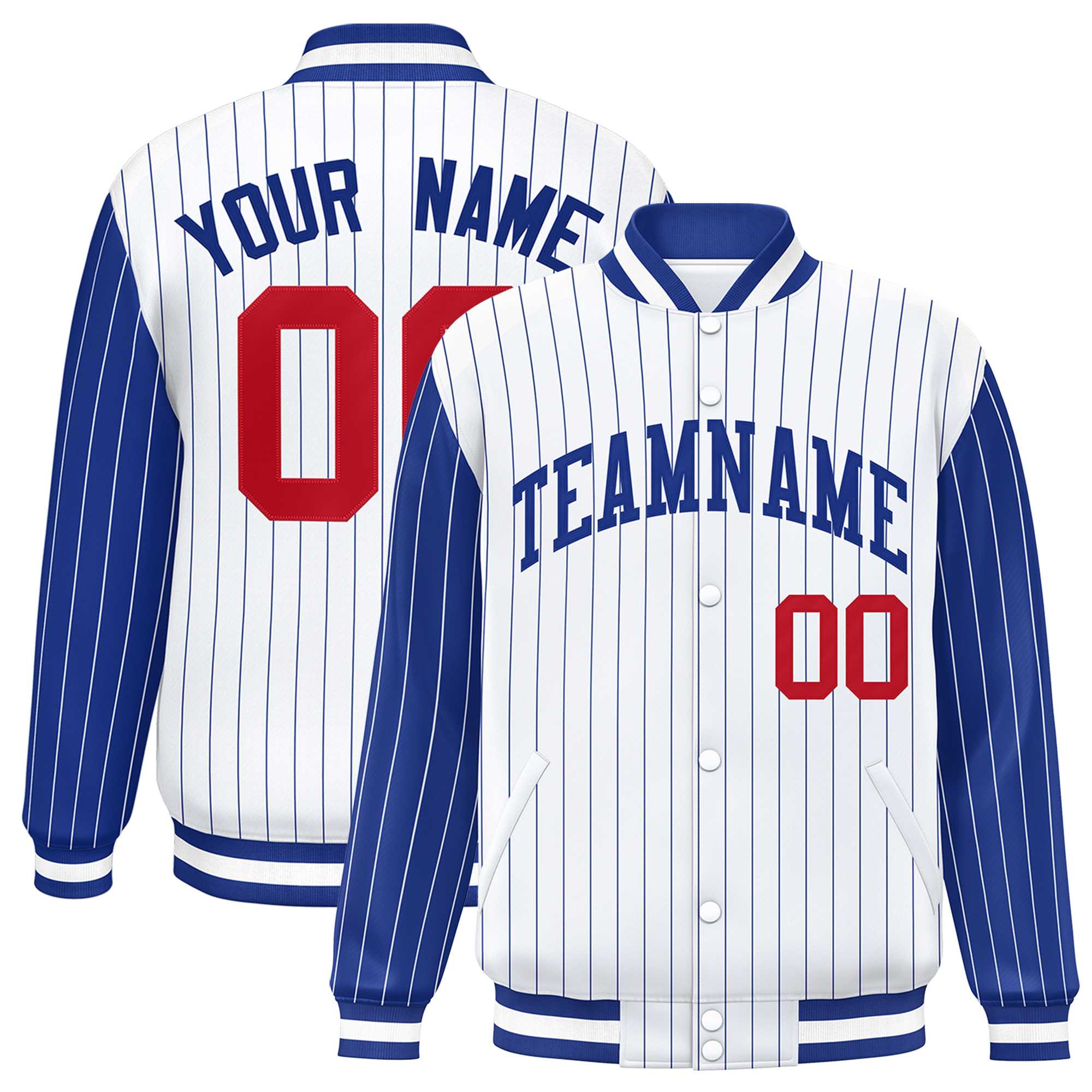 Custom White Royal Raglan Sleeves Varsity Full-Snap Pinstripe Letterman Baseball Jacket