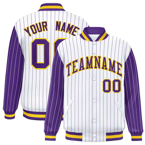 Custom White Purple Raglan Sleeves Varsity Full-Snap Pinstripe Letterman Baseball Jacket