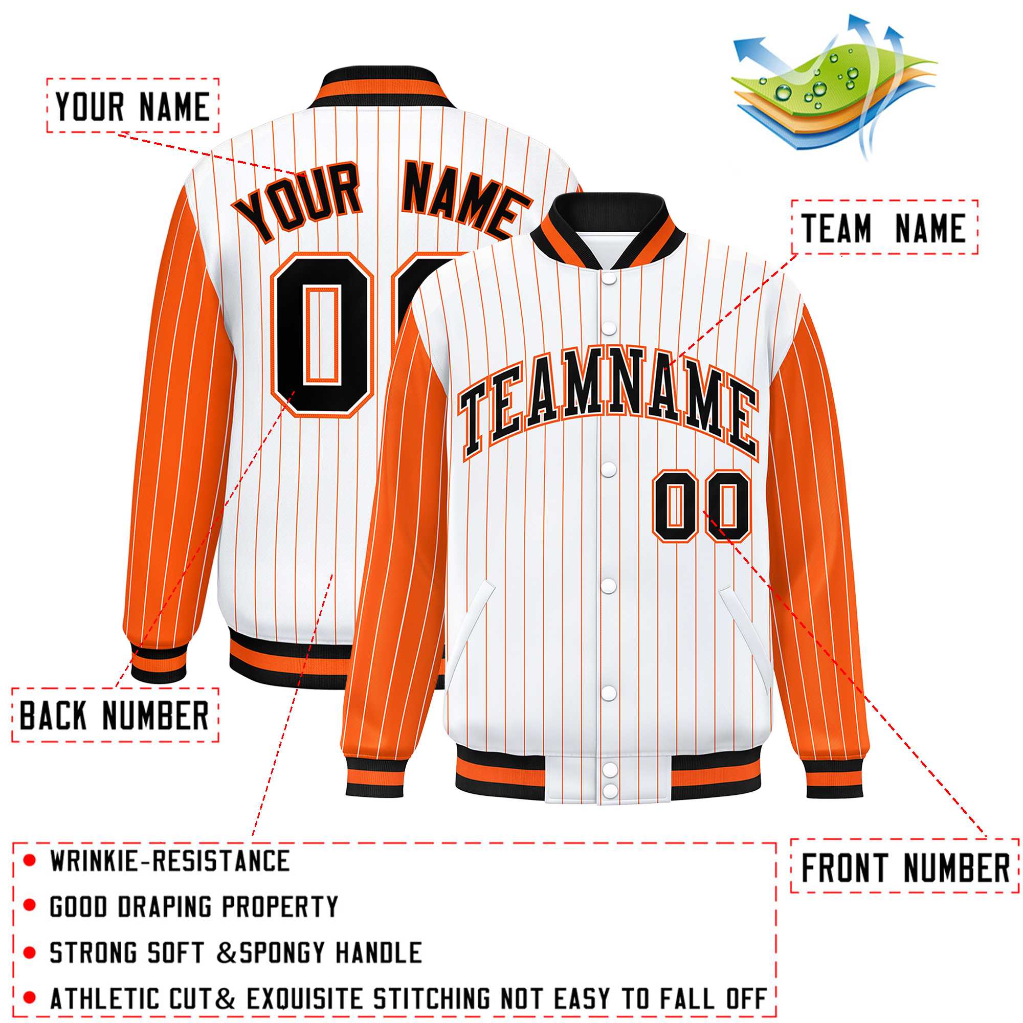 Custom White Orange Raglan Sleeves Varsity Full-Snap Pinstripe Letterman Baseball Jacket