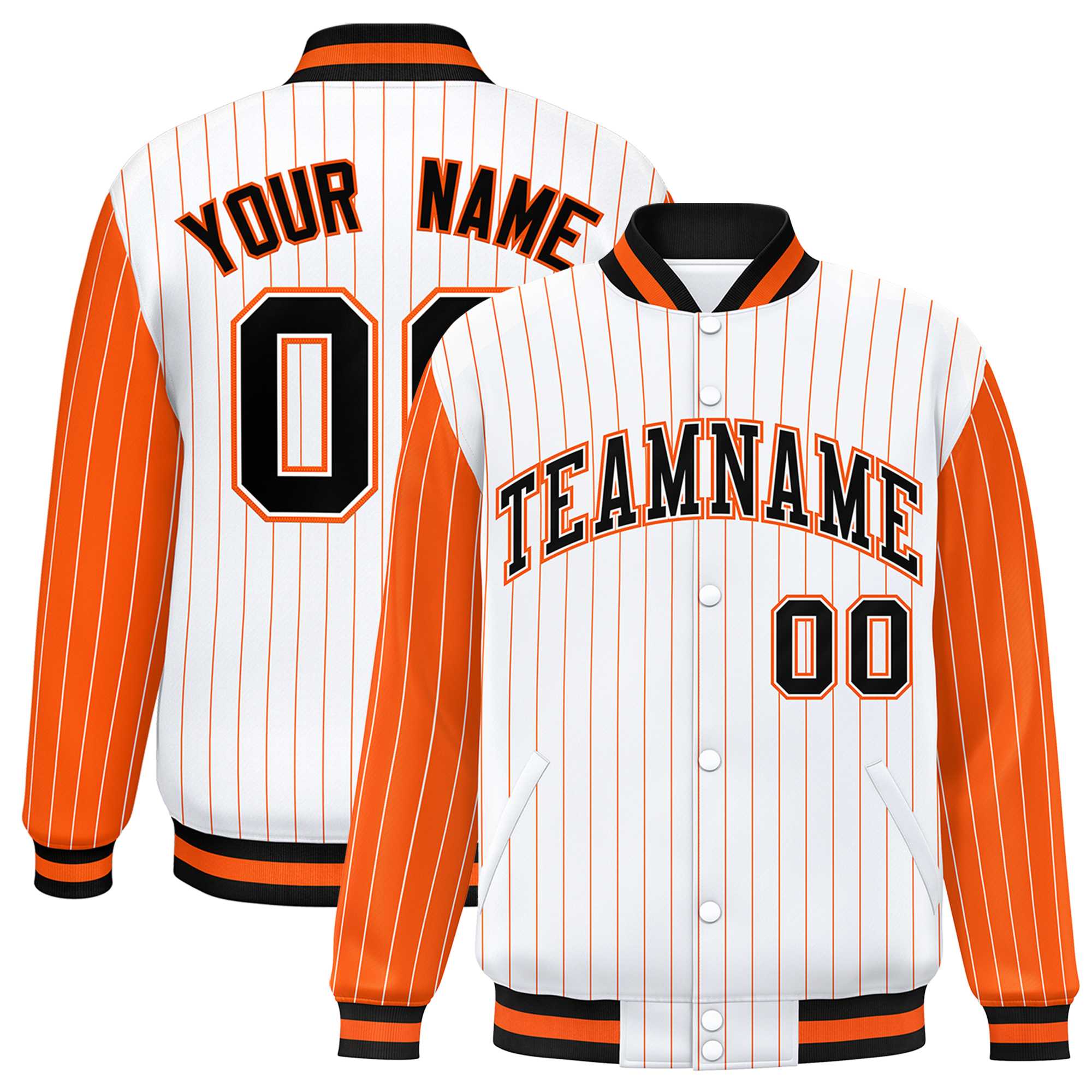 Custom White Orange Raglan Sleeves Varsity Full-Snap Pinstripe Letterman Baseball Jacket