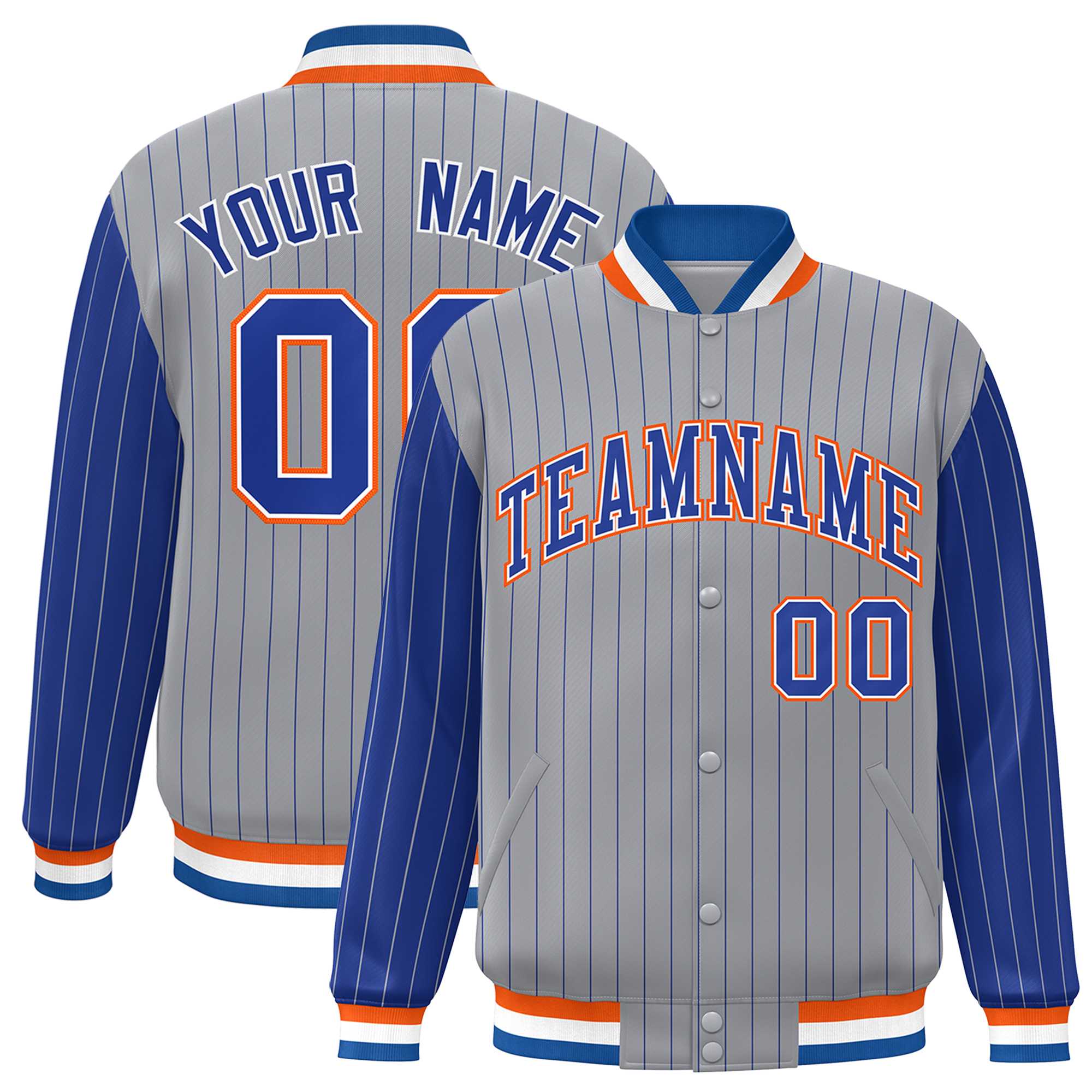 Custom Gray Royal Raglan Sleeves Varsity Full-Snap Pinstripe Letterman Baseball Jacket