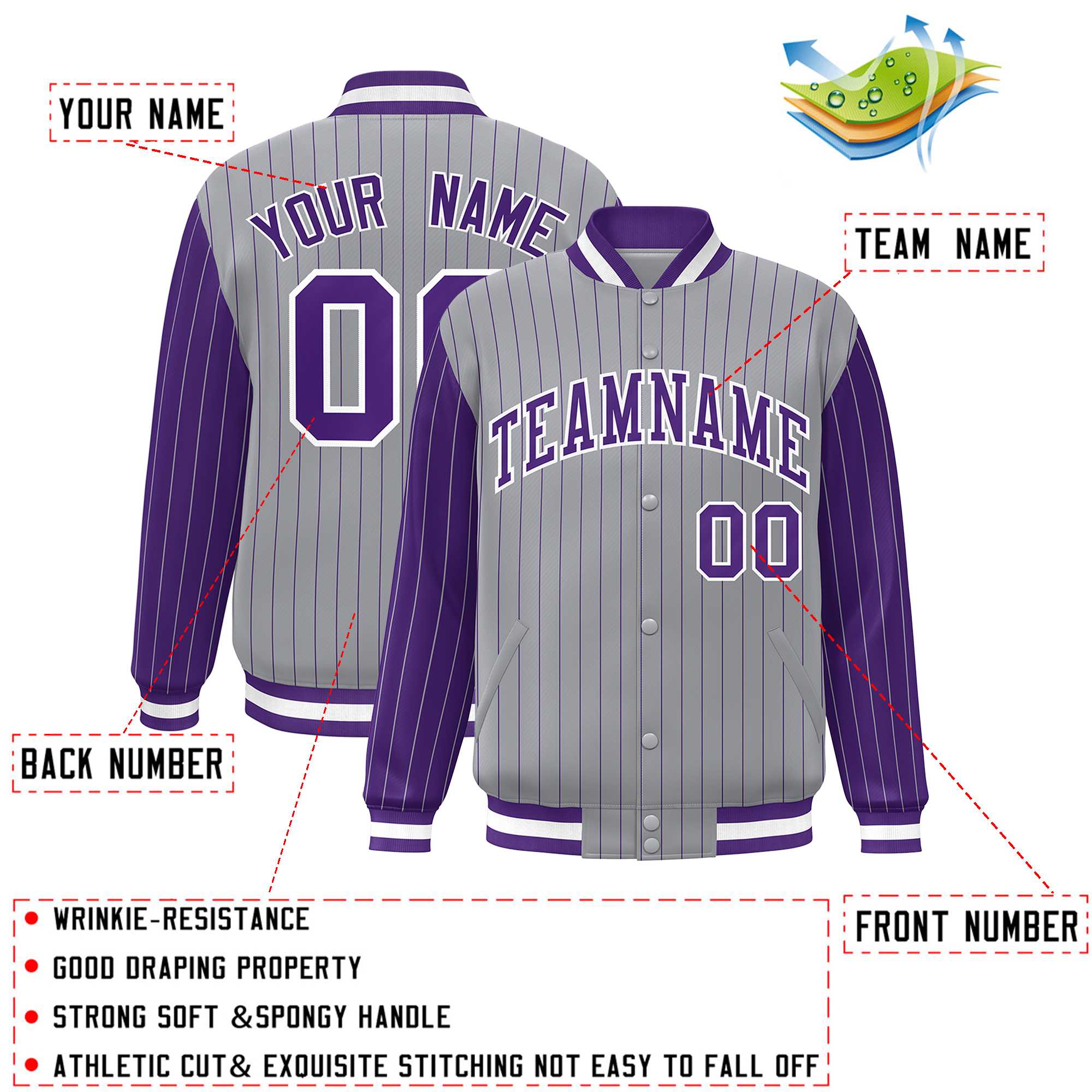 Custom Gray Purple Raglan Sleeves Varsity Full-Snap Pinstripe Letterman Baseball Jacket