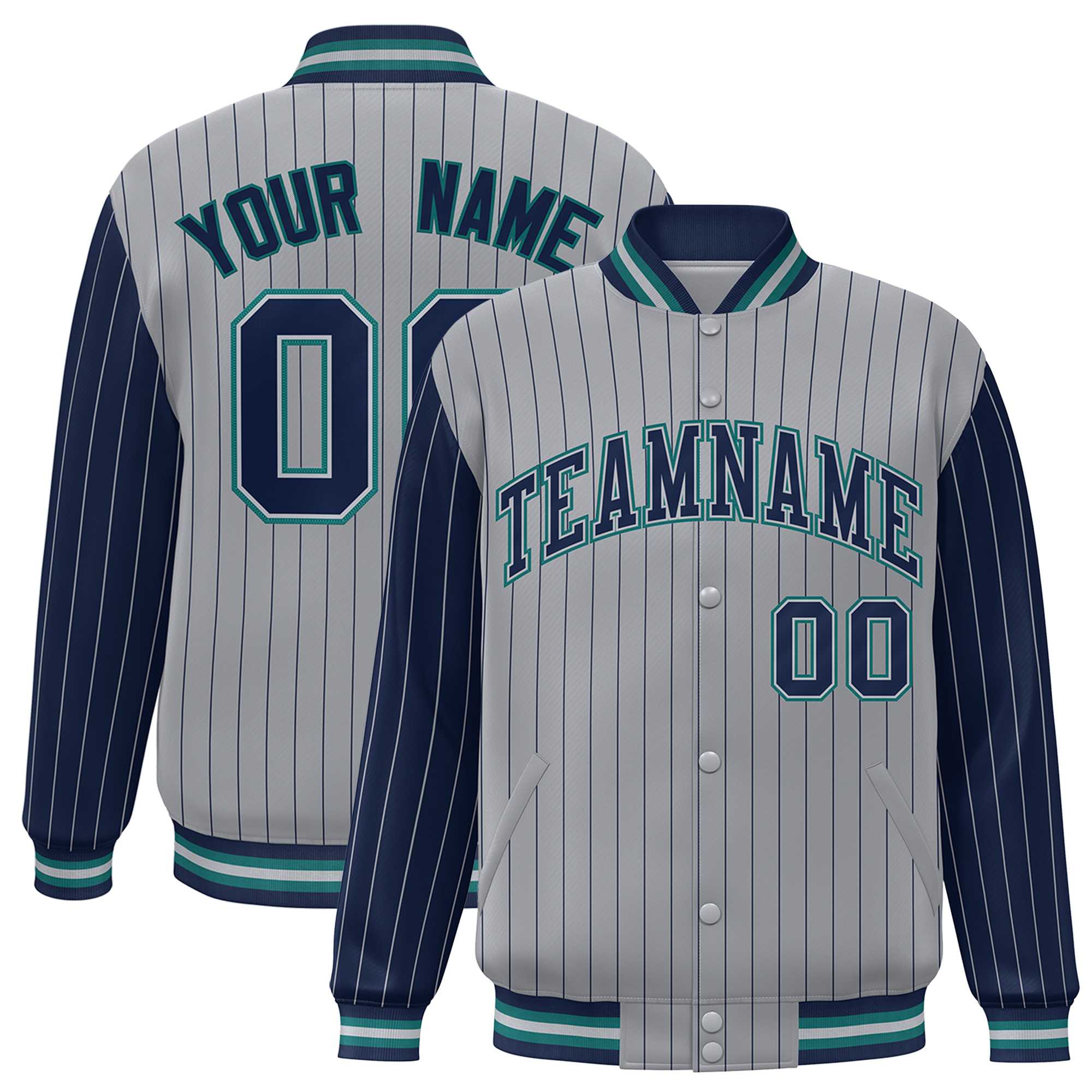 Custom Gray Navy Raglan Sleeves Varsity Full-Snap Pinstripe Letterman Baseball Jacket