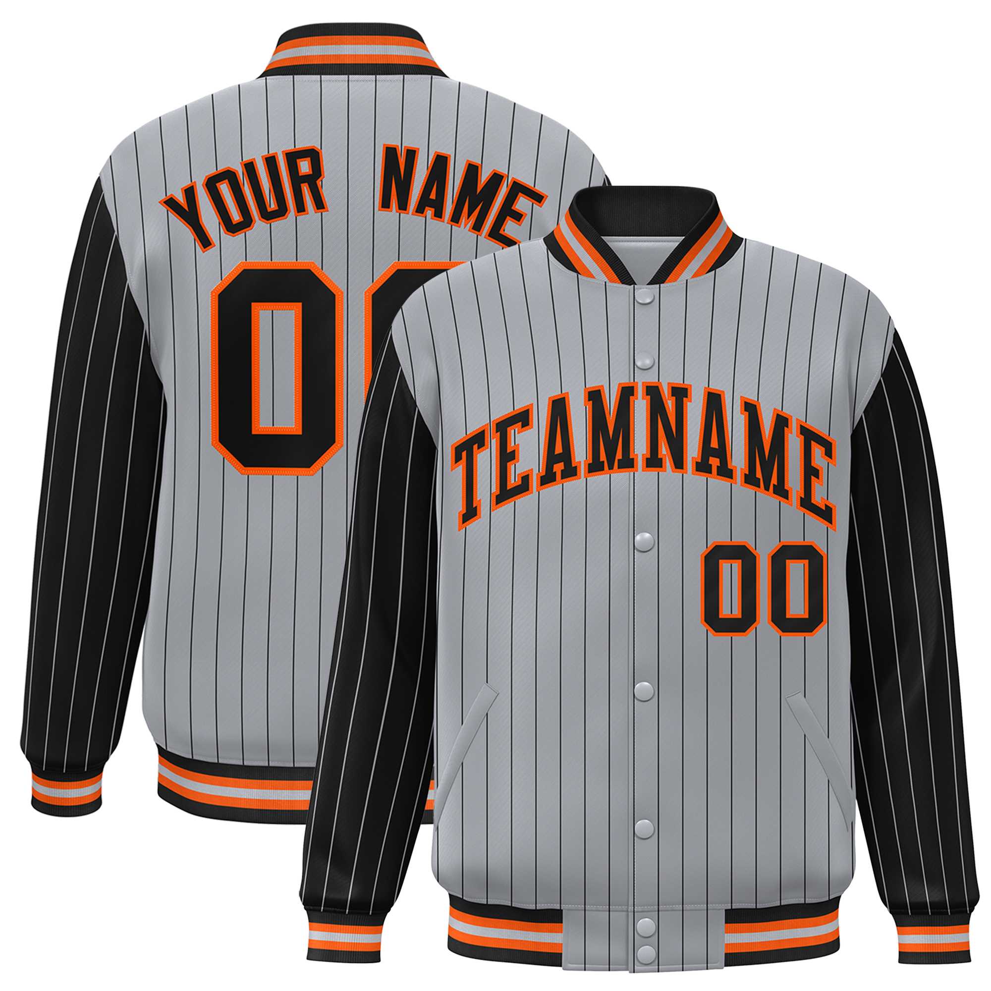 Custom Gray Black Raglan Sleeves Varsity Full-Snap Pinstripe Letterman Baseball Jacket