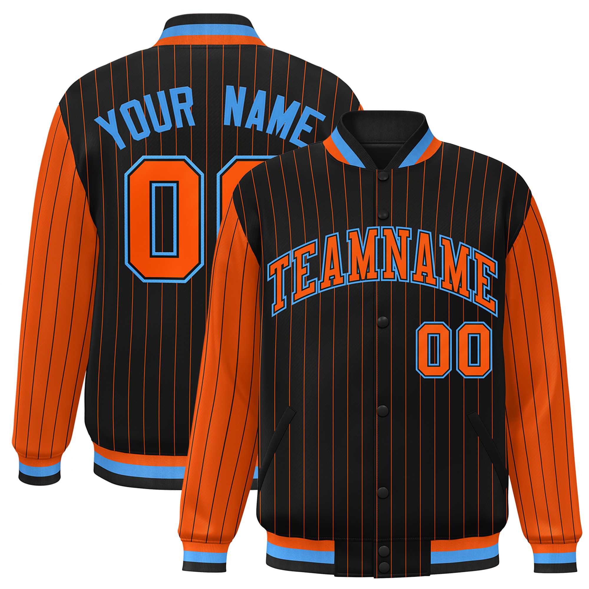 Custom Black Orange Raglan Sleeves Varsity Full-Snap Pinstripe Letterman Baseball Jacket