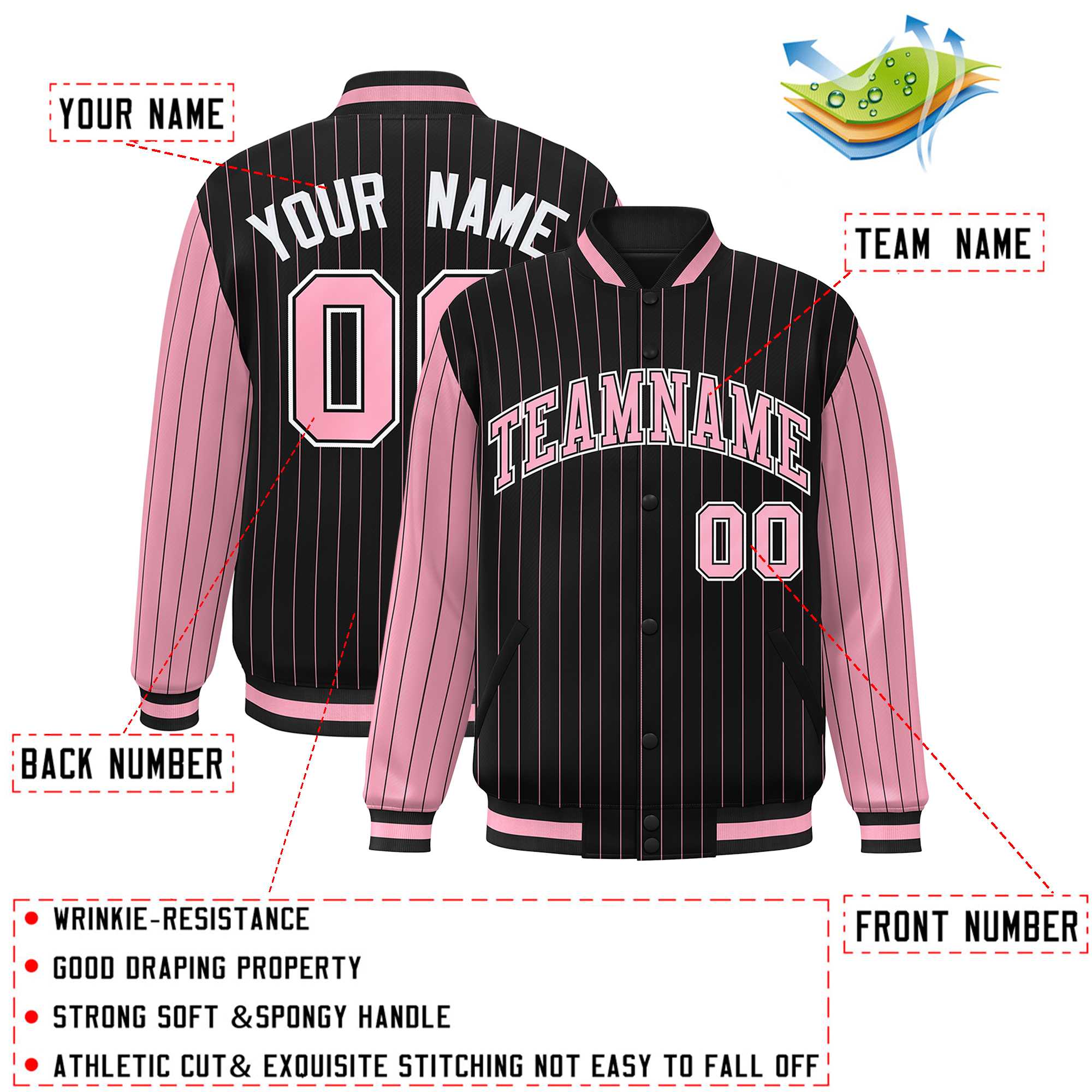 Custom Black Light Pink Raglan Sleeves Varsity Full-Snap Pinstripe Letterman Baseball Jacket