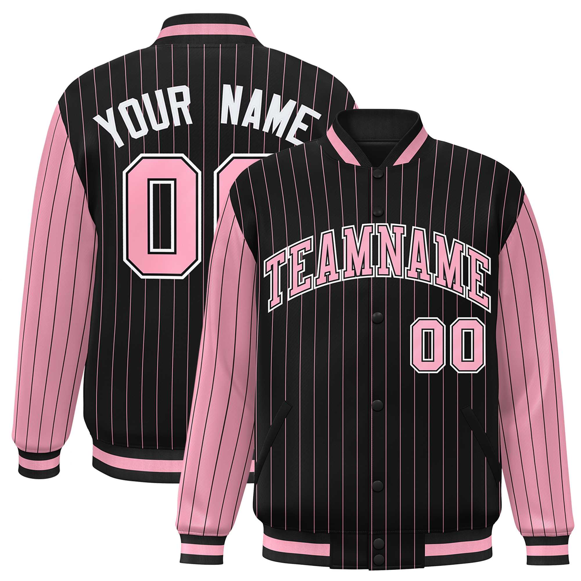 Custom Black Light Pink Raglan Sleeves Varsity Full-Snap Pinstripe Letterman Baseball Jacket