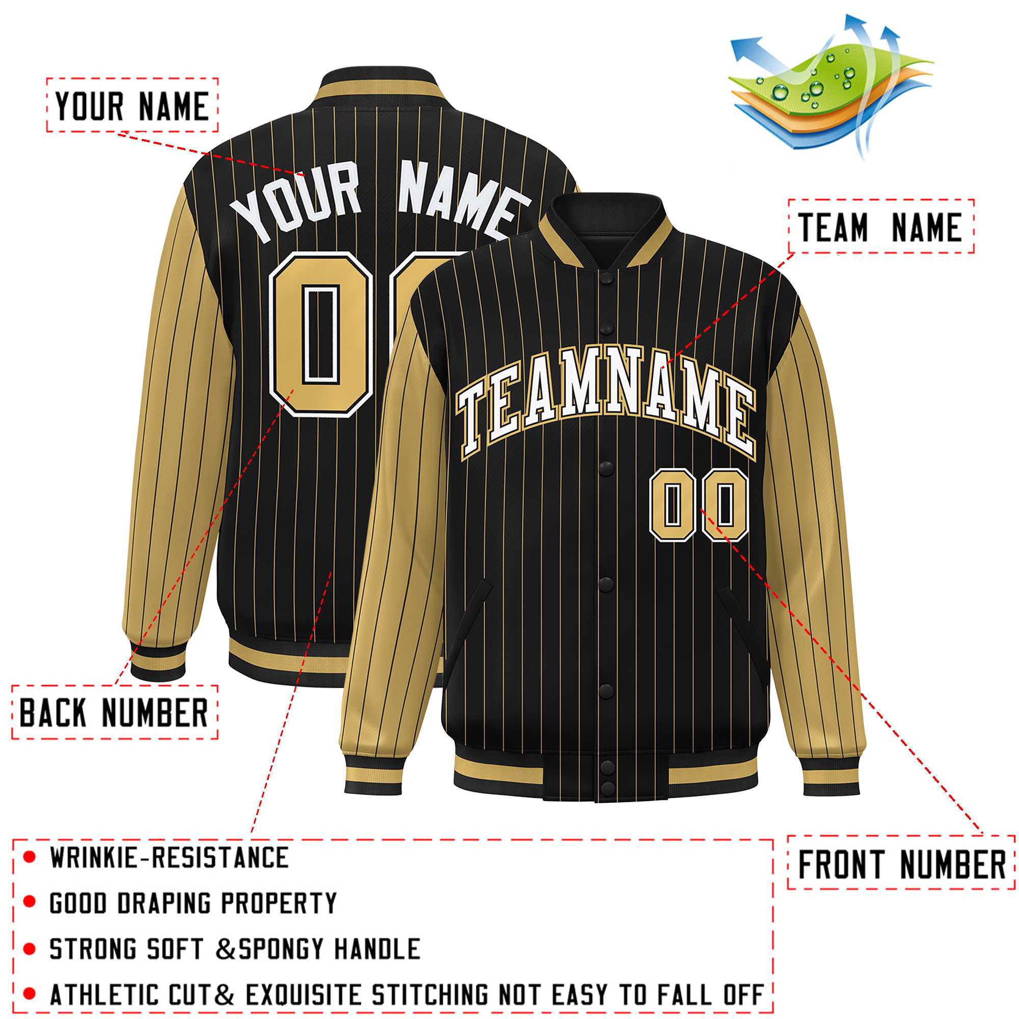 Custom Black Old Gold Raglan Sleeves Varsity Full-Snap Pinstripe Letterman Baseball Jacket