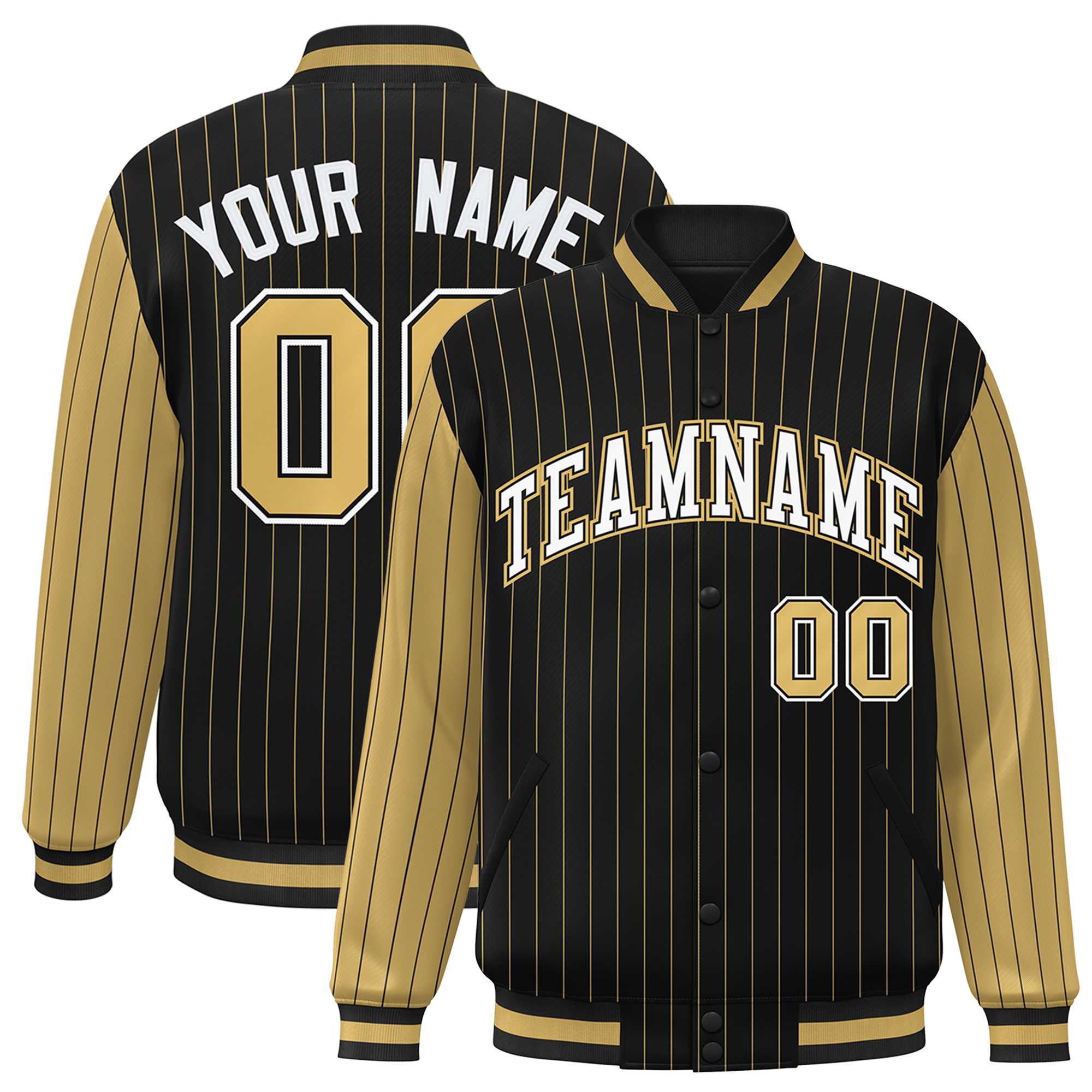 Custom Black Old Gold Raglan Sleeves Varsity Full-Snap Pinstripe Letterman Baseball Jacket