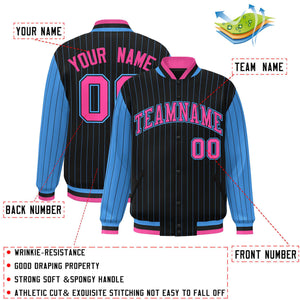 Custom Black Powder Blue Raglan Sleeves Varsity Full-Snap Pinstripe Letterman Baseball Jacket