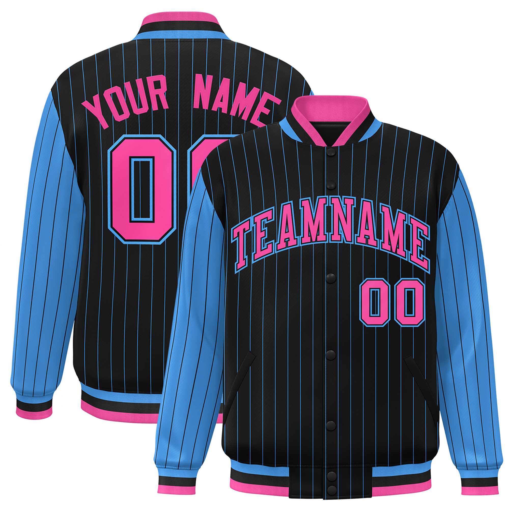 Custom Black Powder Blue Raglan Sleeves Varsity Full-Snap Pinstripe Letterman Baseball Jacket