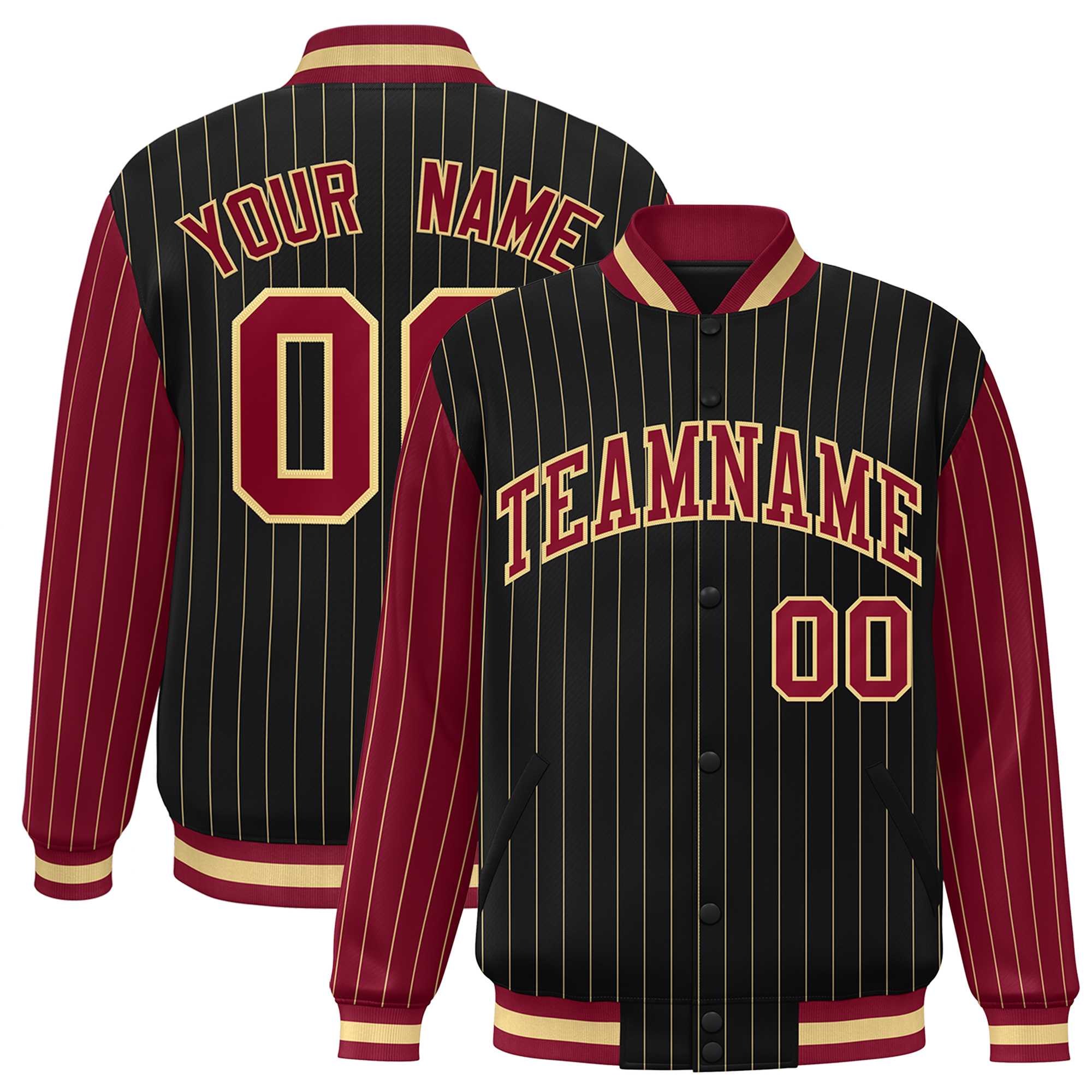 Custom Black Crimson Raglan Sleeves Varsity Full-Snap Pinstripe Letterman Baseball Jacket