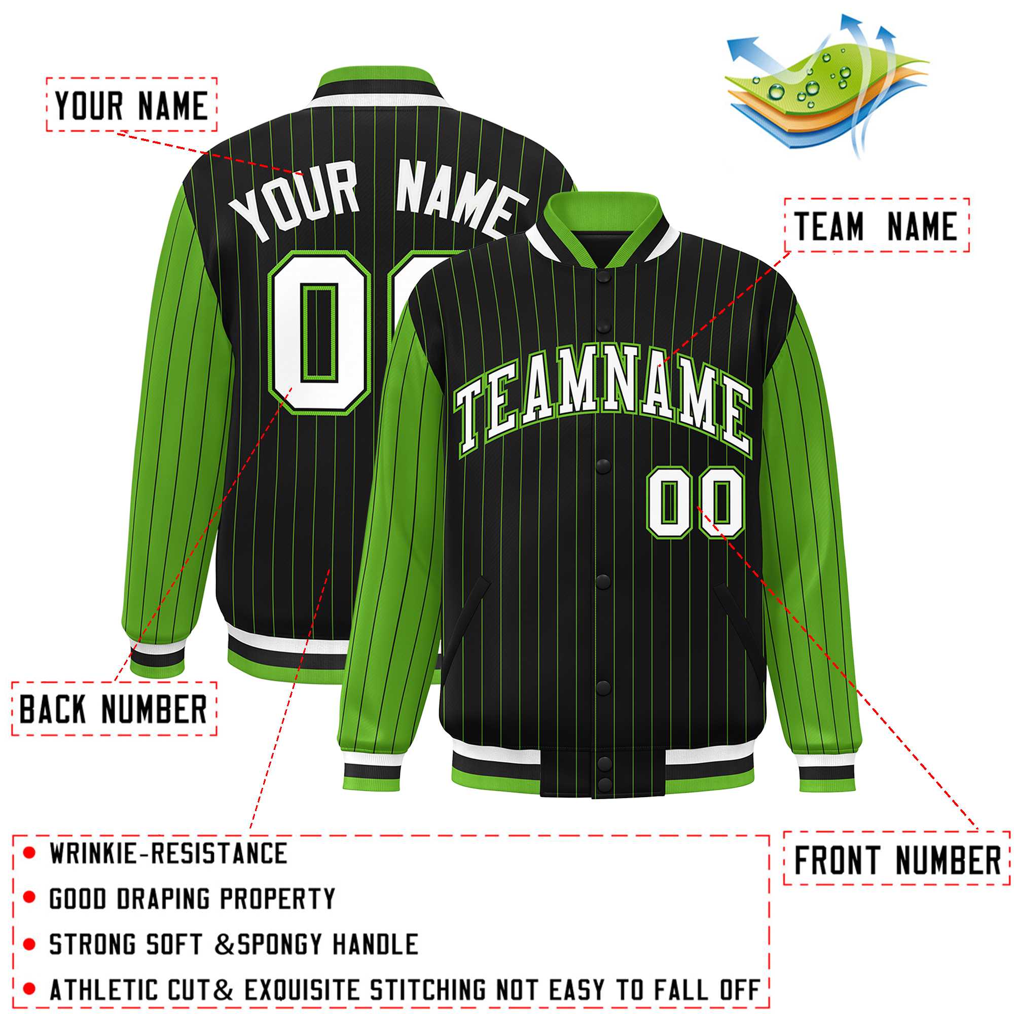 Custom Black Green Raglan Sleeves Varsity Full-Snap Pinstripe Letterman Baseball Jacket