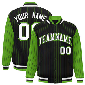 Custom Black Green Raglan Sleeves Varsity Full-Snap Pinstripe Letterman Baseball Jacket