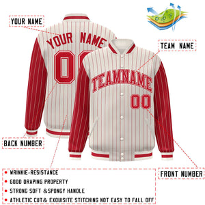 Custom Cream Red Raglan Sleeves Varsity Full-Snap Pinstripe Letterman Baseball Jacket