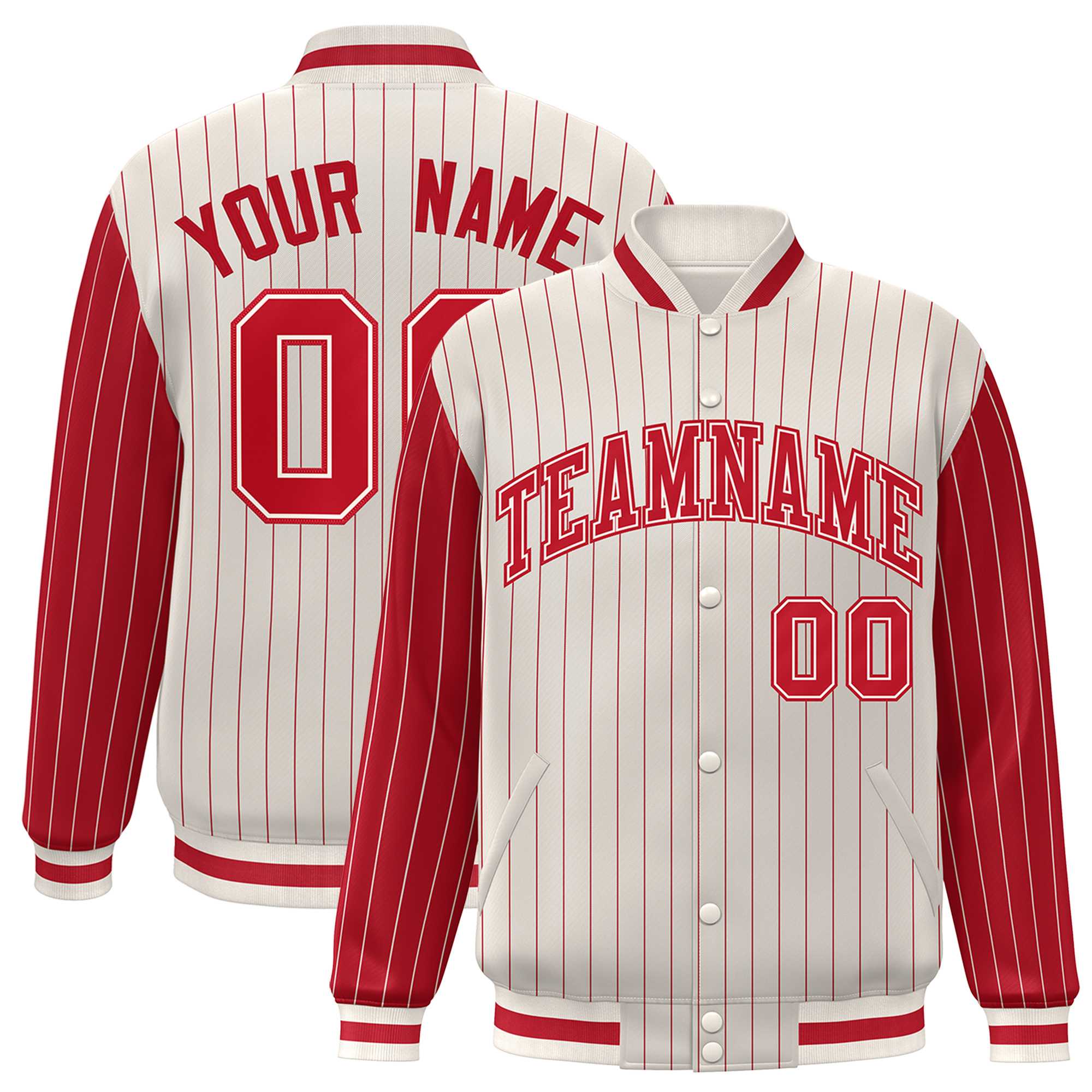 Custom Cream Red Raglan Sleeves Varsity Full-Snap Pinstripe Letterman Baseball Jacket