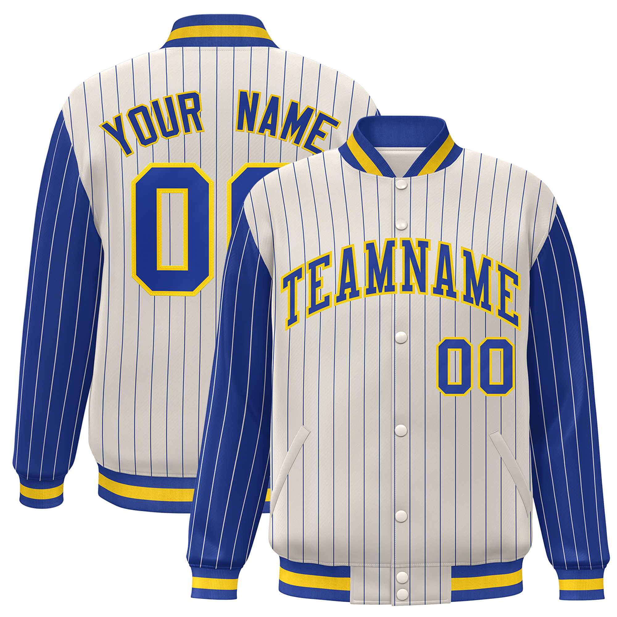 Custom Cream Royal Raglan Sleeves Varsity Full-Snap Pinstripe Letterman Baseball Jacket