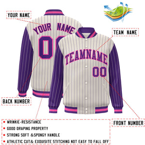 Custom Cream Purple Raglan Sleeves Varsity Full-Snap Pinstripe Letterman Baseball Jacket